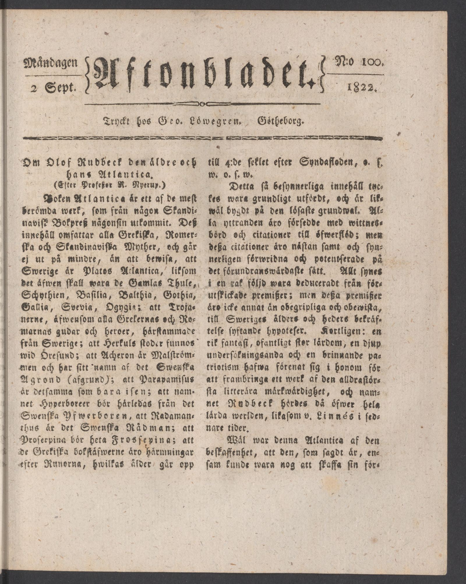 Tidningssida ur AFTONBLADET, 1822-09-02