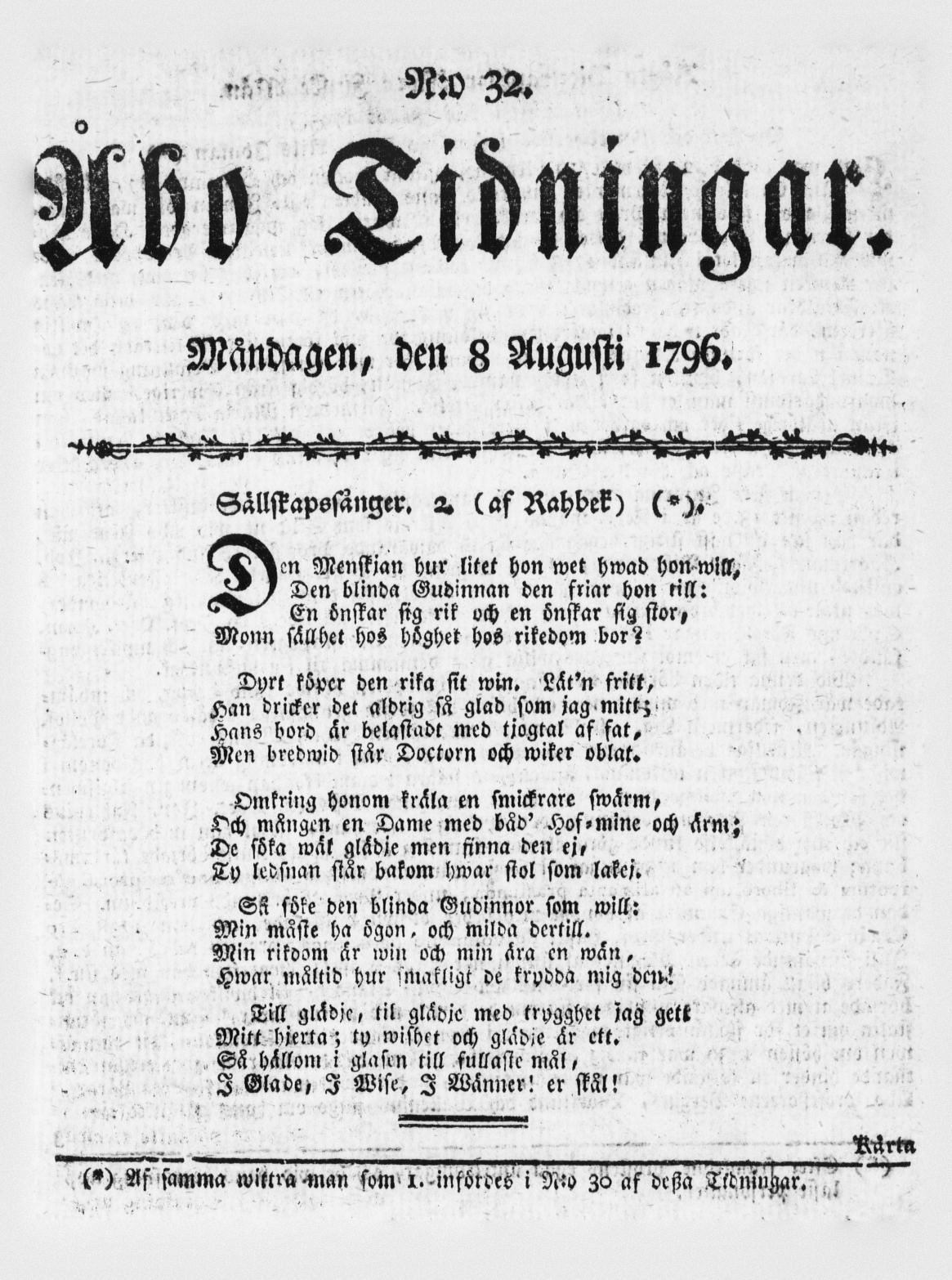 Tidningssida ur ÅBO TIDNINGAR, 1796-08-08