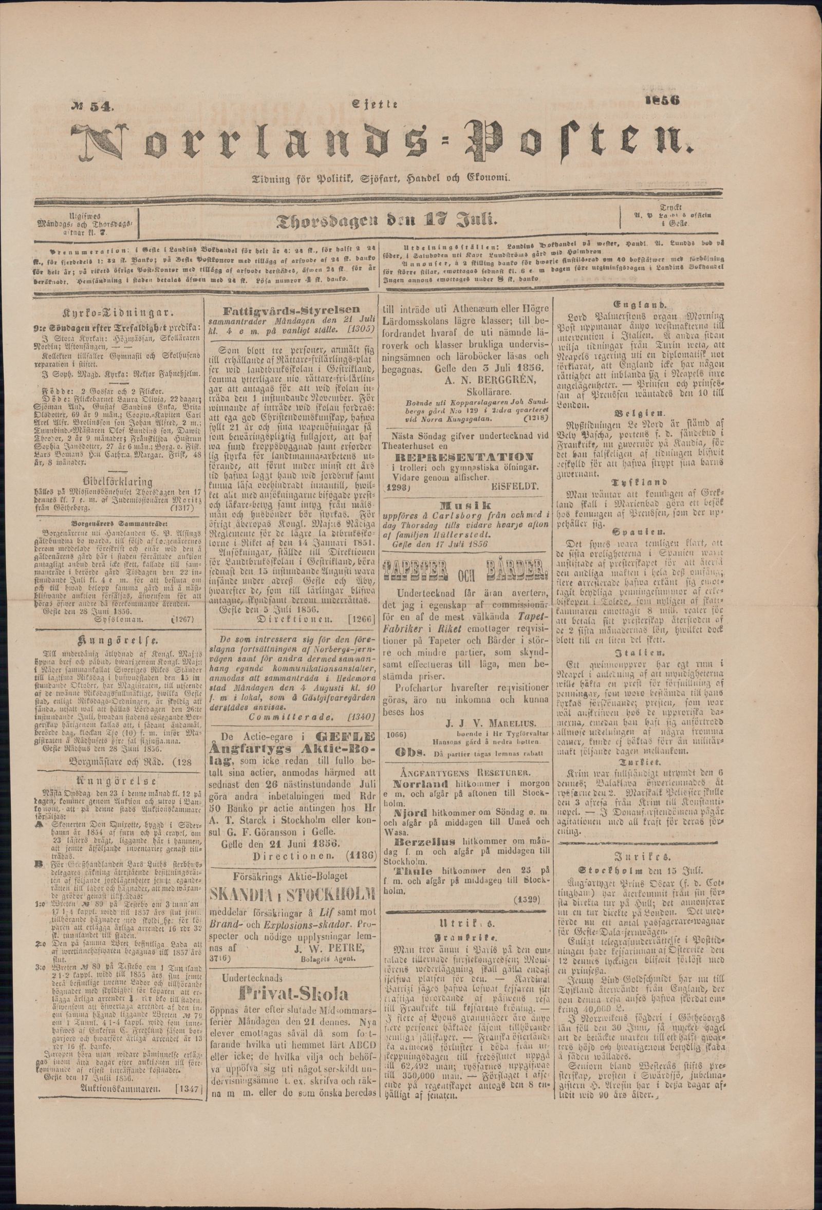 Tidningssida ur NORRLANDSPOSTEN, 1856-07-17