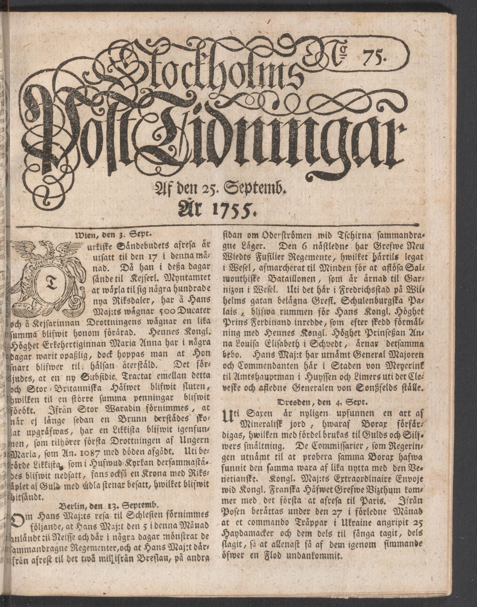 Tidningssida ur POSTTIDNINGAR, 1755-09-25