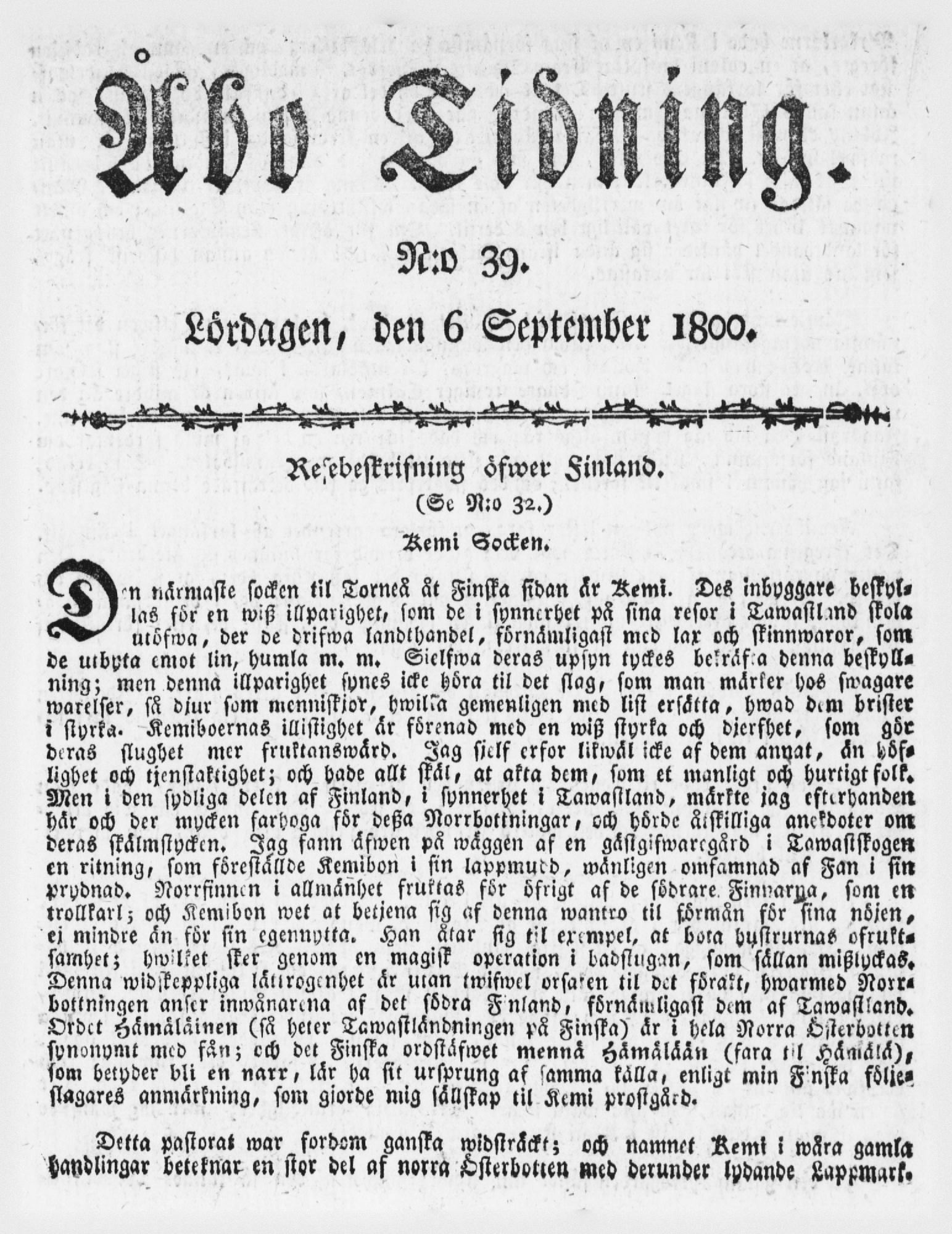 Tidningssida ur ÅBO TIDNING, 1800-09-06