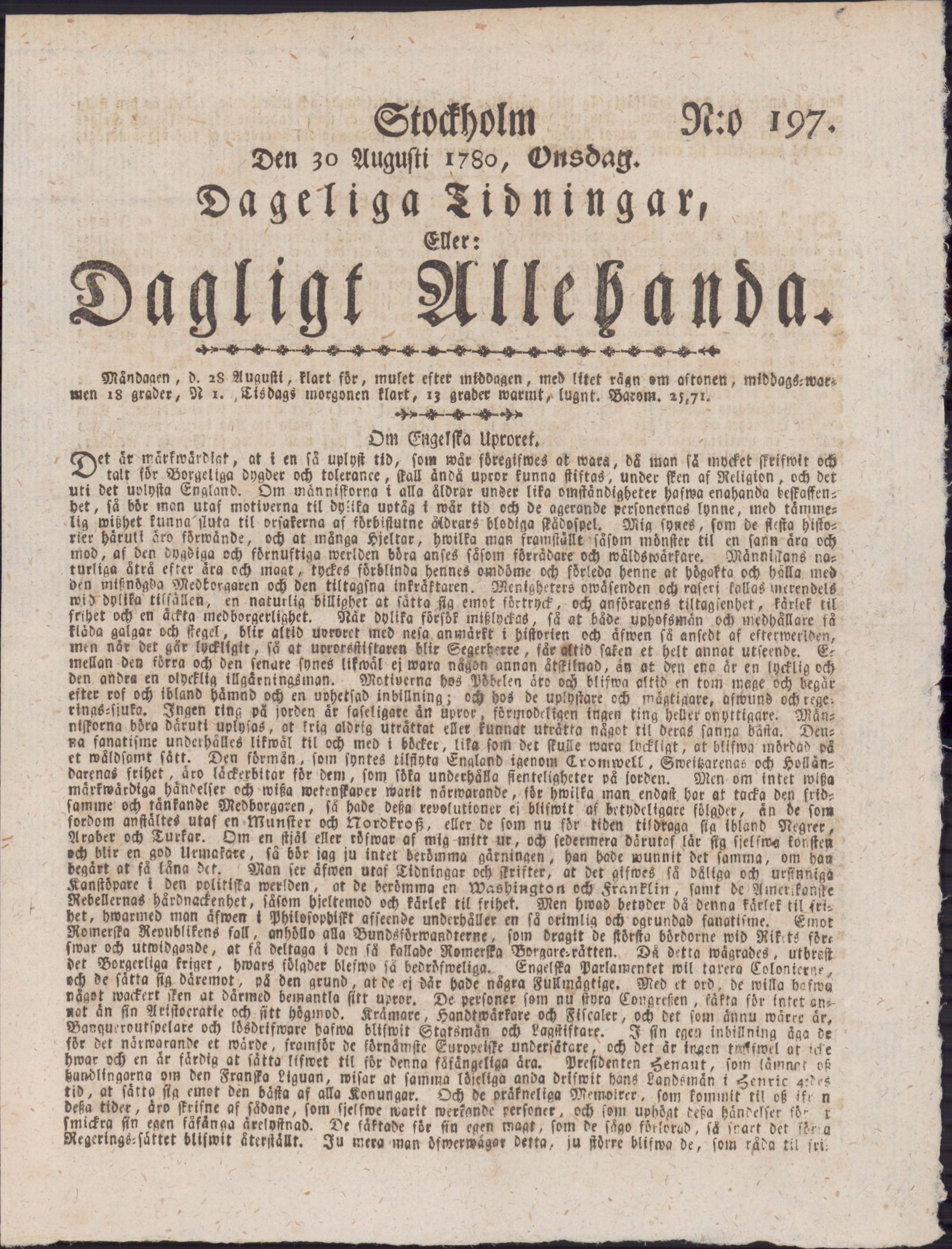 Tidningssida ur DAGLIGT ALLEHANDA, 1780-08-30