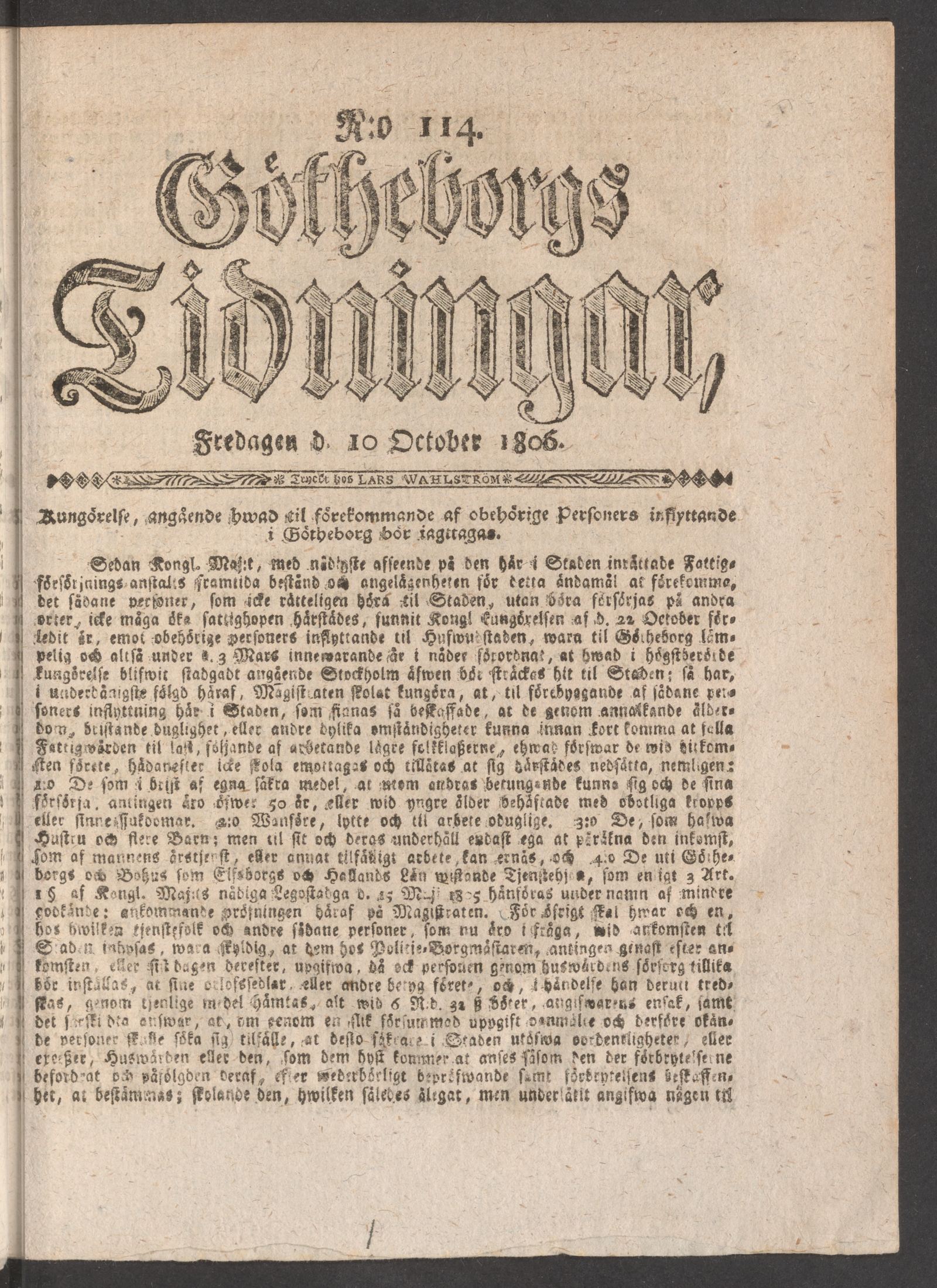 Tidningssida ur GÖTHEBORGS TIDNINGAR, 1806-10-10