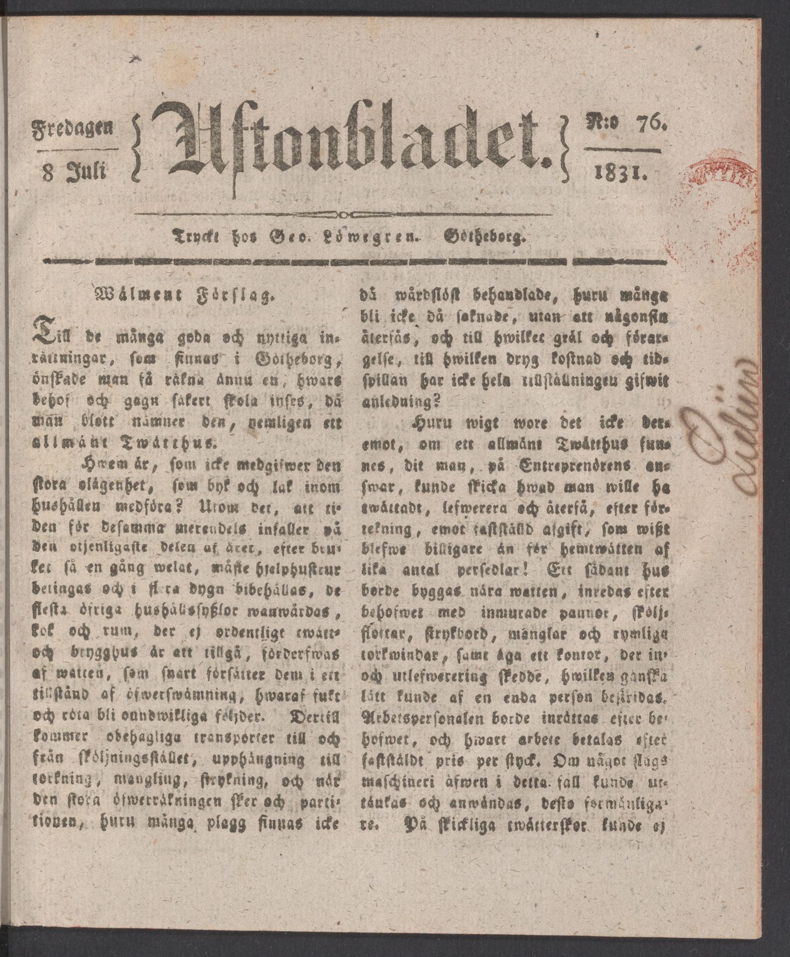 Tidningssida ur AFTONBLADET, 1831-07-08