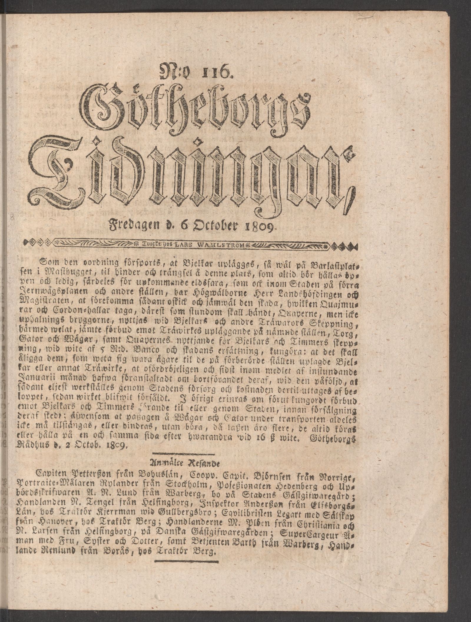 Tidningssida ur GÖTHEBORGS TIDNINGAR, 1809-10-06