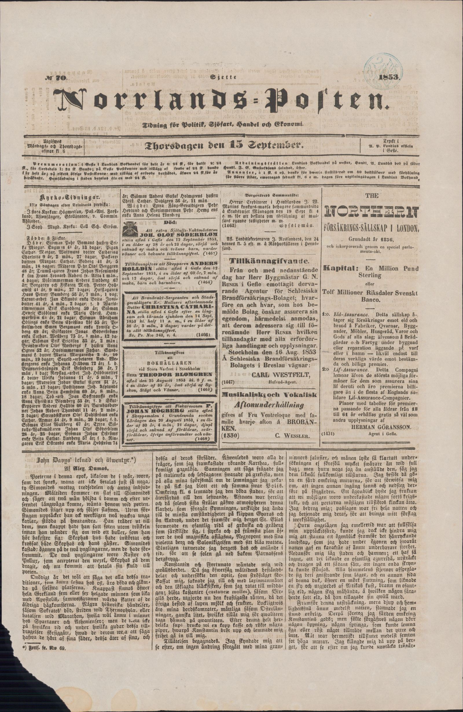 Tidningssida ur NORRLANDSPOSTEN, 1853-09-15