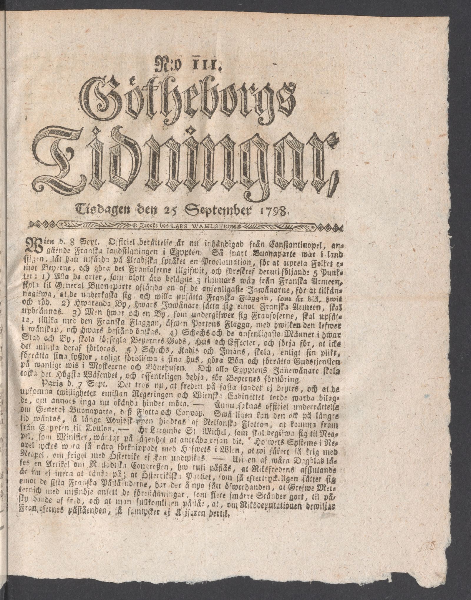 Tidningssida ur GÖTHEBORGS TIDNINGAR, 1798-09-25