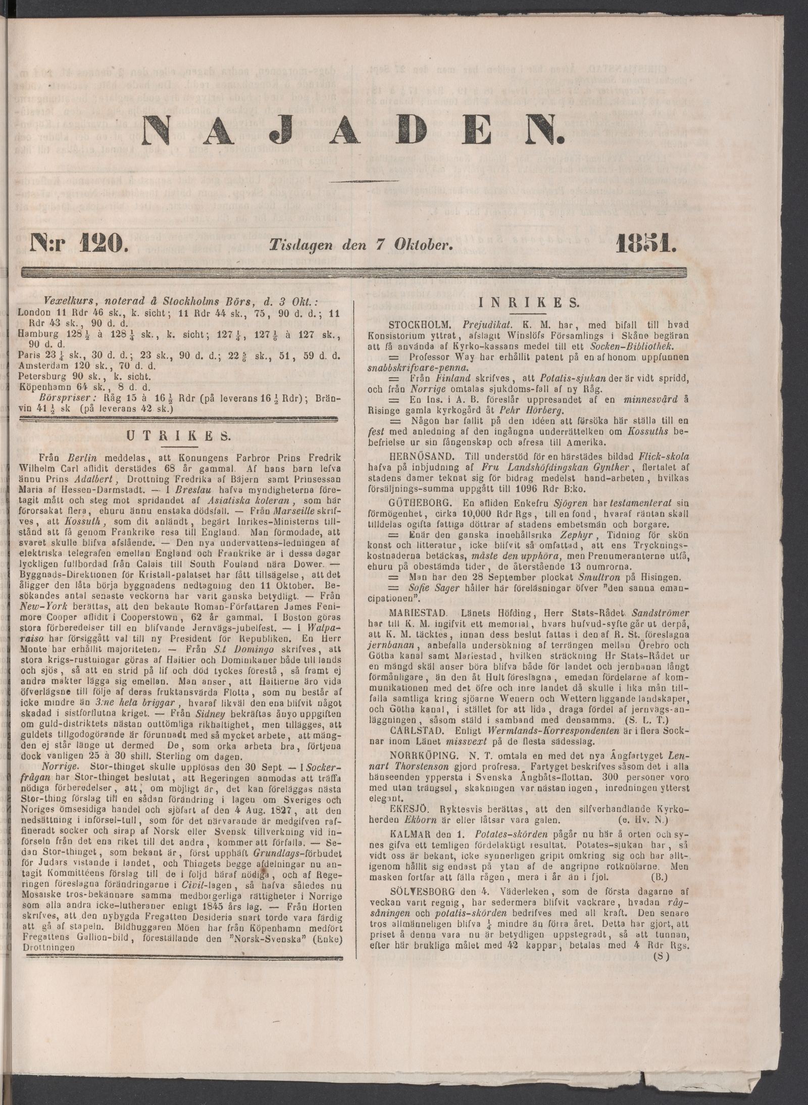 Tidningssida ur NAJADEN, 1851-10-07