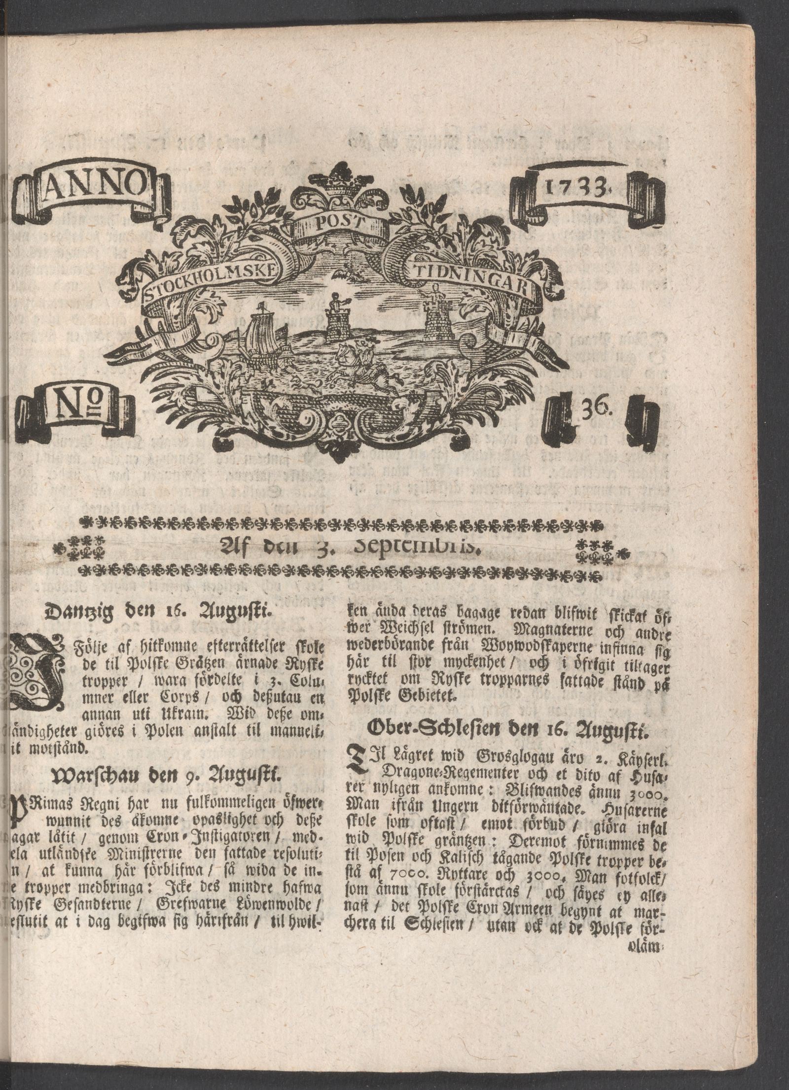 Tidningssida ur POSTTIDNINGAR, 1733-09-03