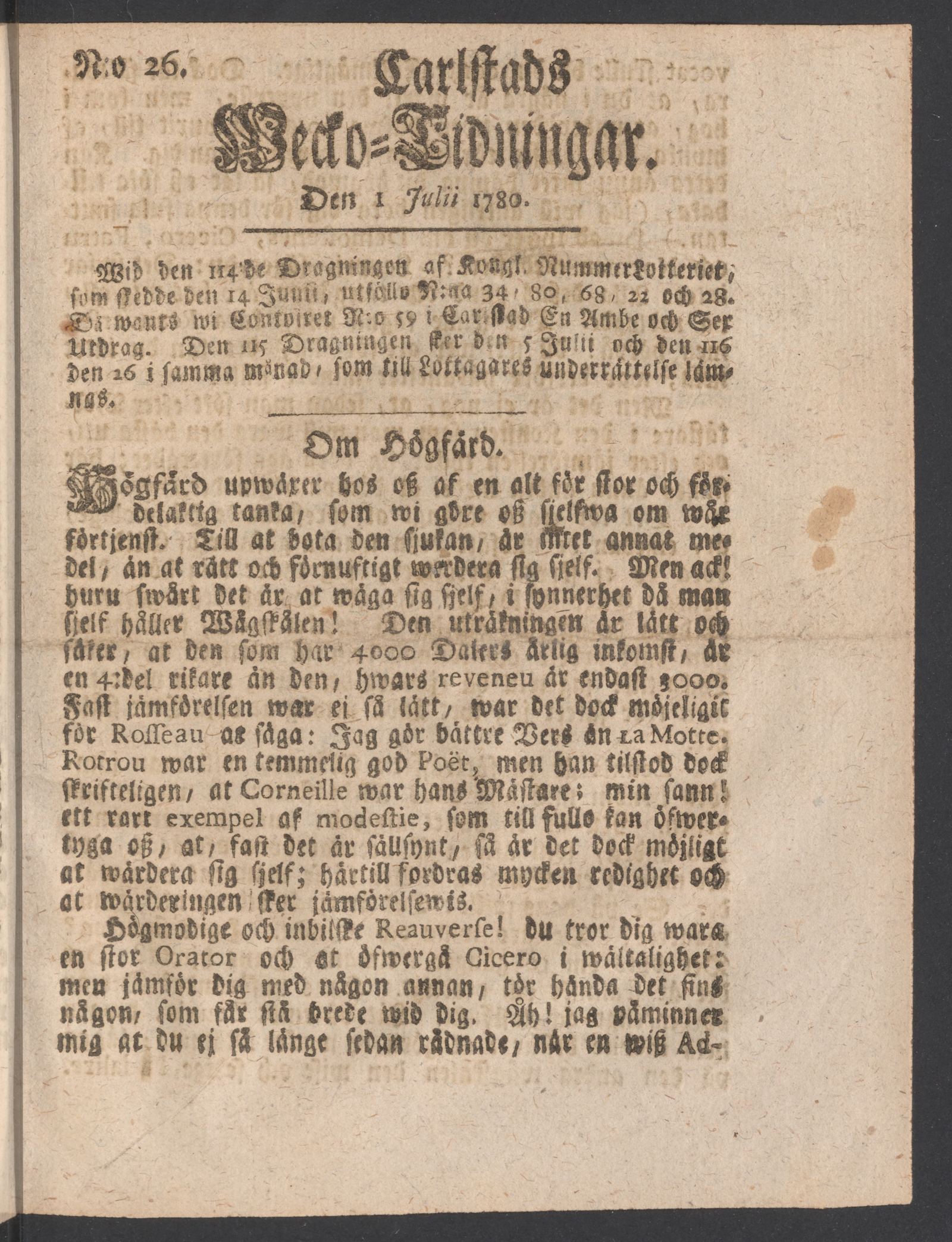 Tidningssida ur CARLSTADS WECKOTIDNINGAR, 1780-07-01