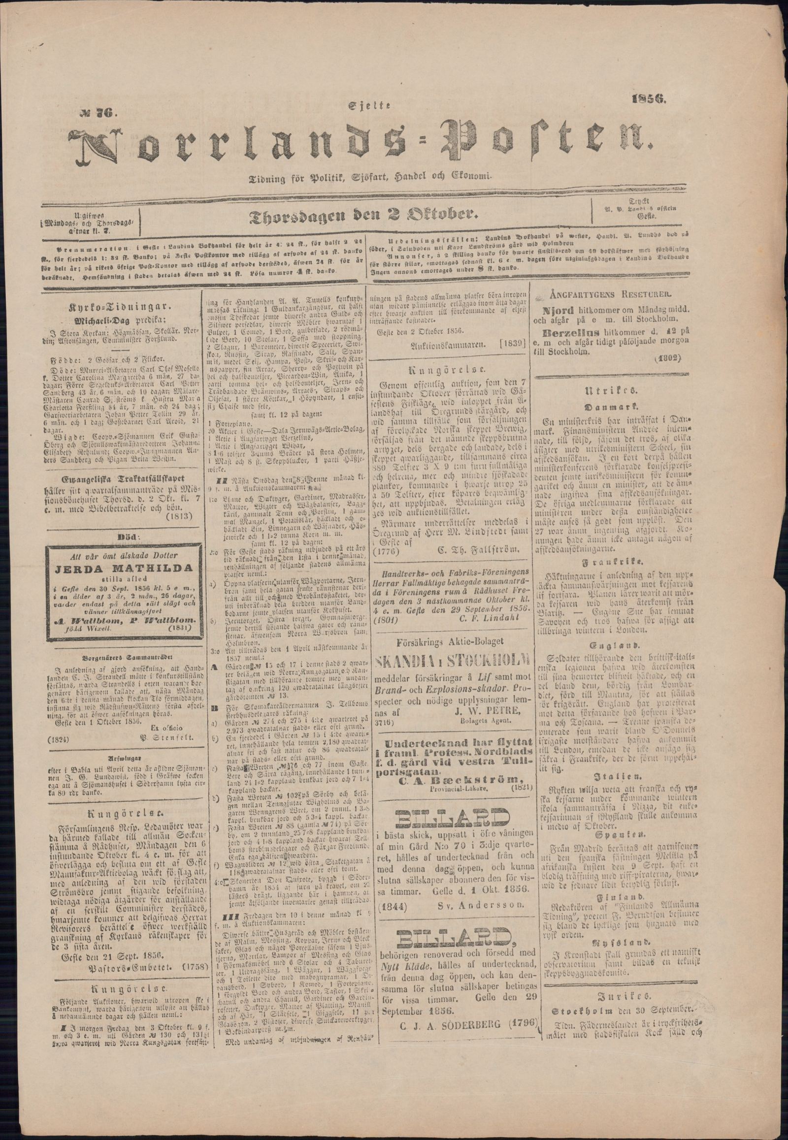 Tidningssida ur NORRLANDSPOSTEN, 1856-10-02