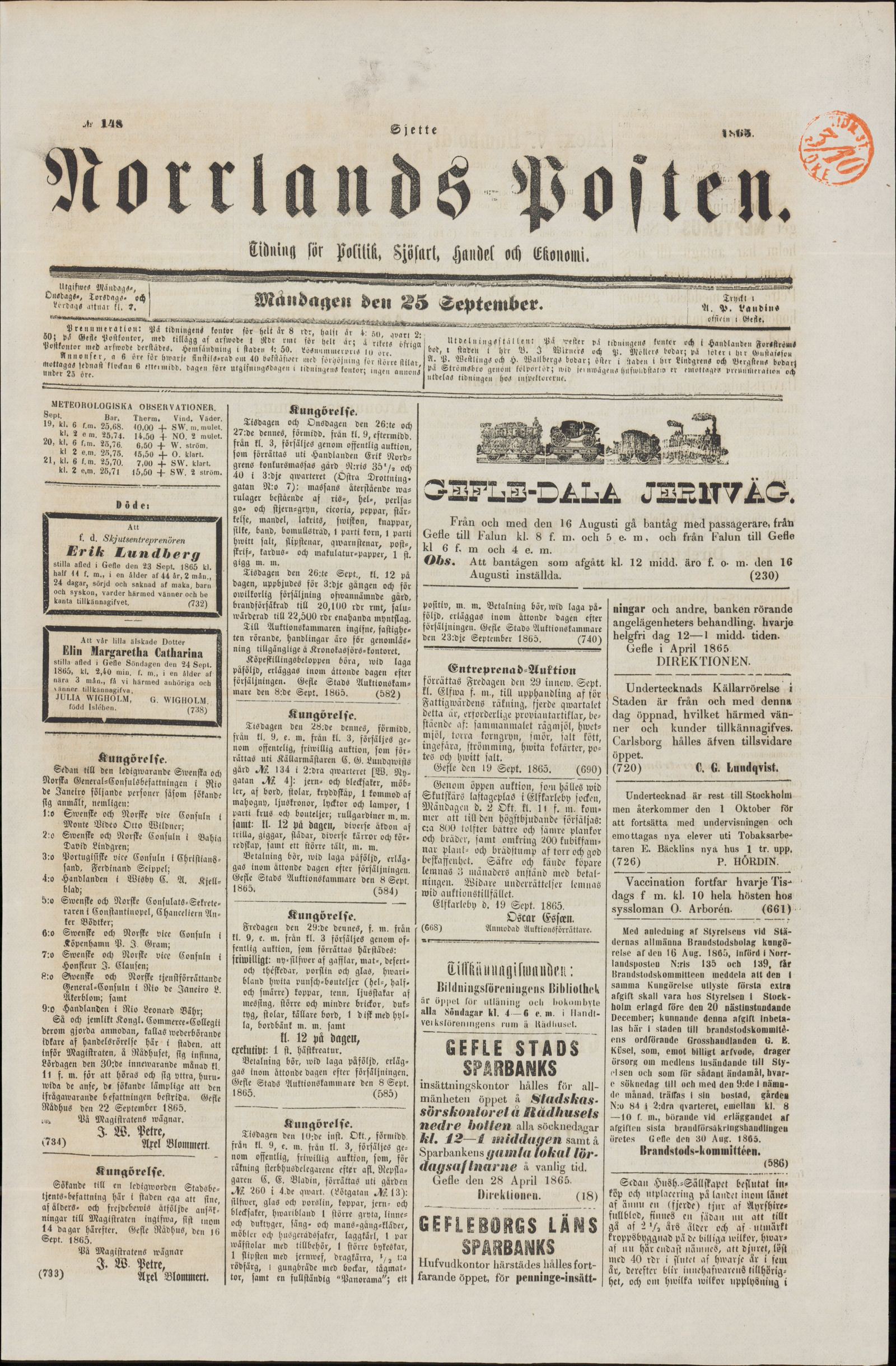 Tidningssida ur NORRLANDSPOSTEN, 1865-09-25