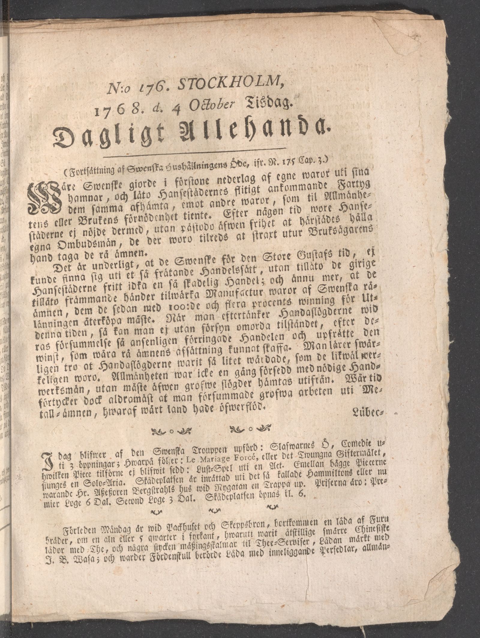 Tidningssida ur DAGLIGT ALLEHANDA, 1768-10-04