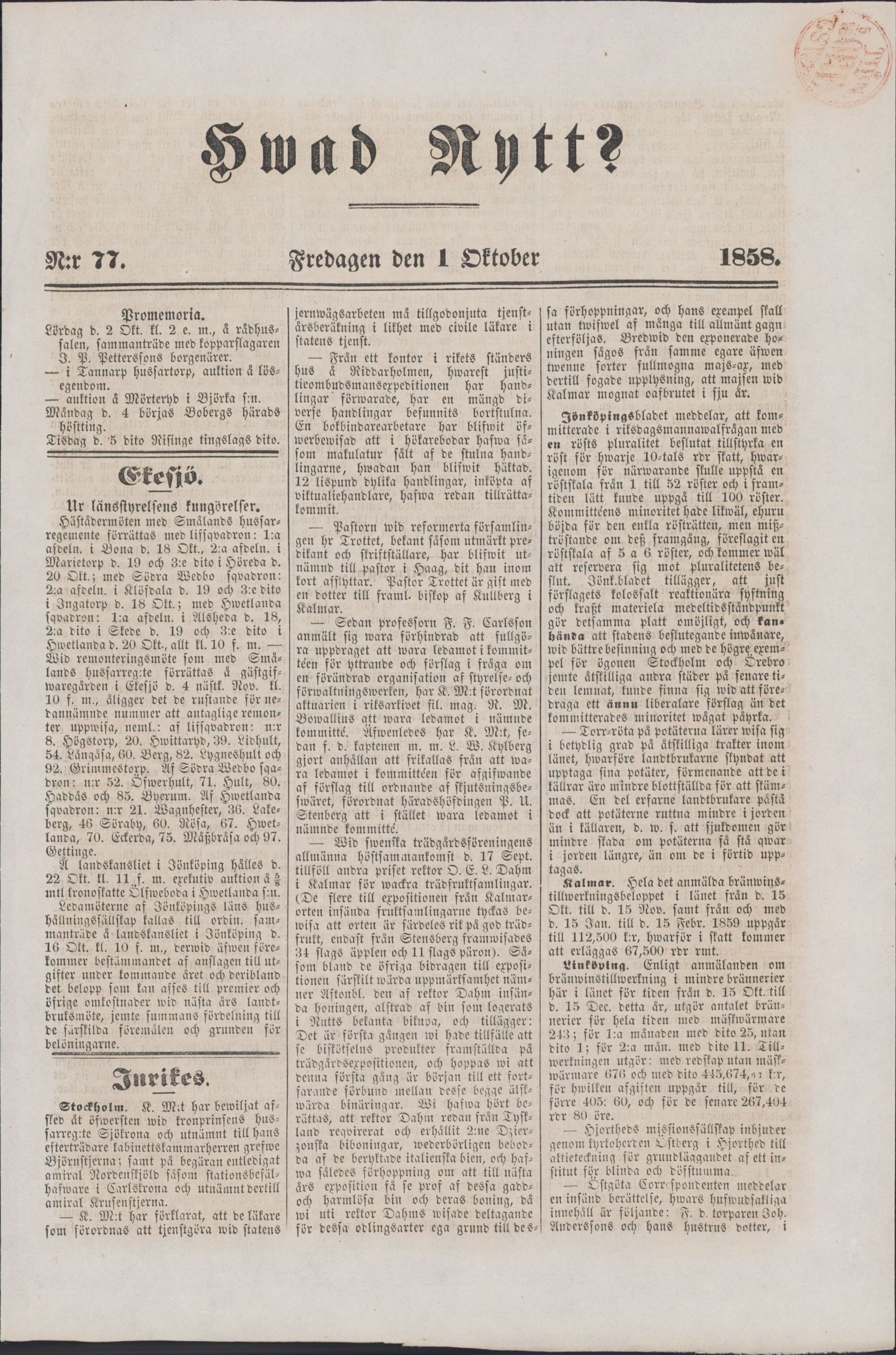 Tidningssida ur HVAD NYTT?, 1858-10-01