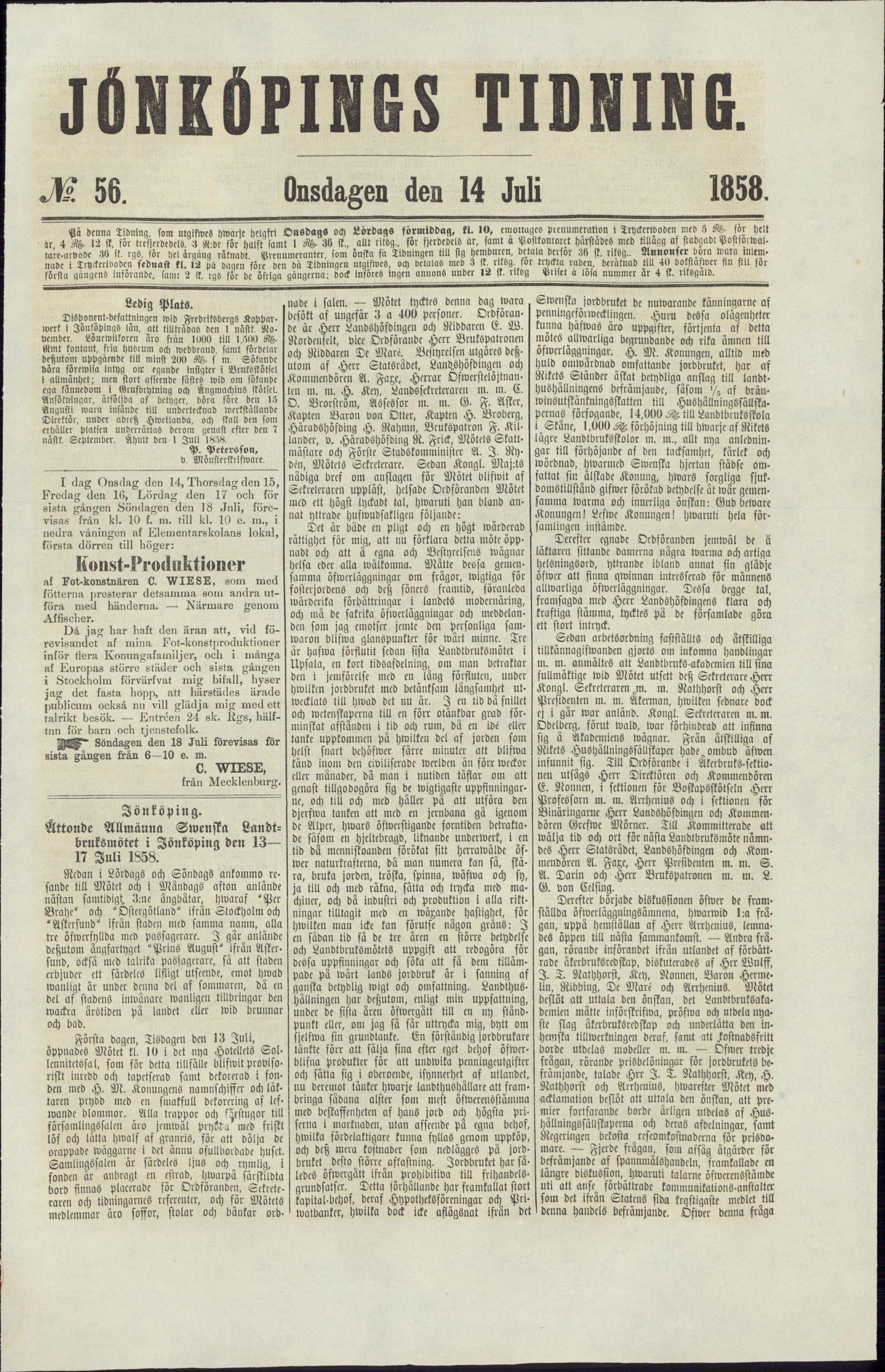 Tidningssida ur JÖNKÖPINGS TIDNING, 1858-07-14