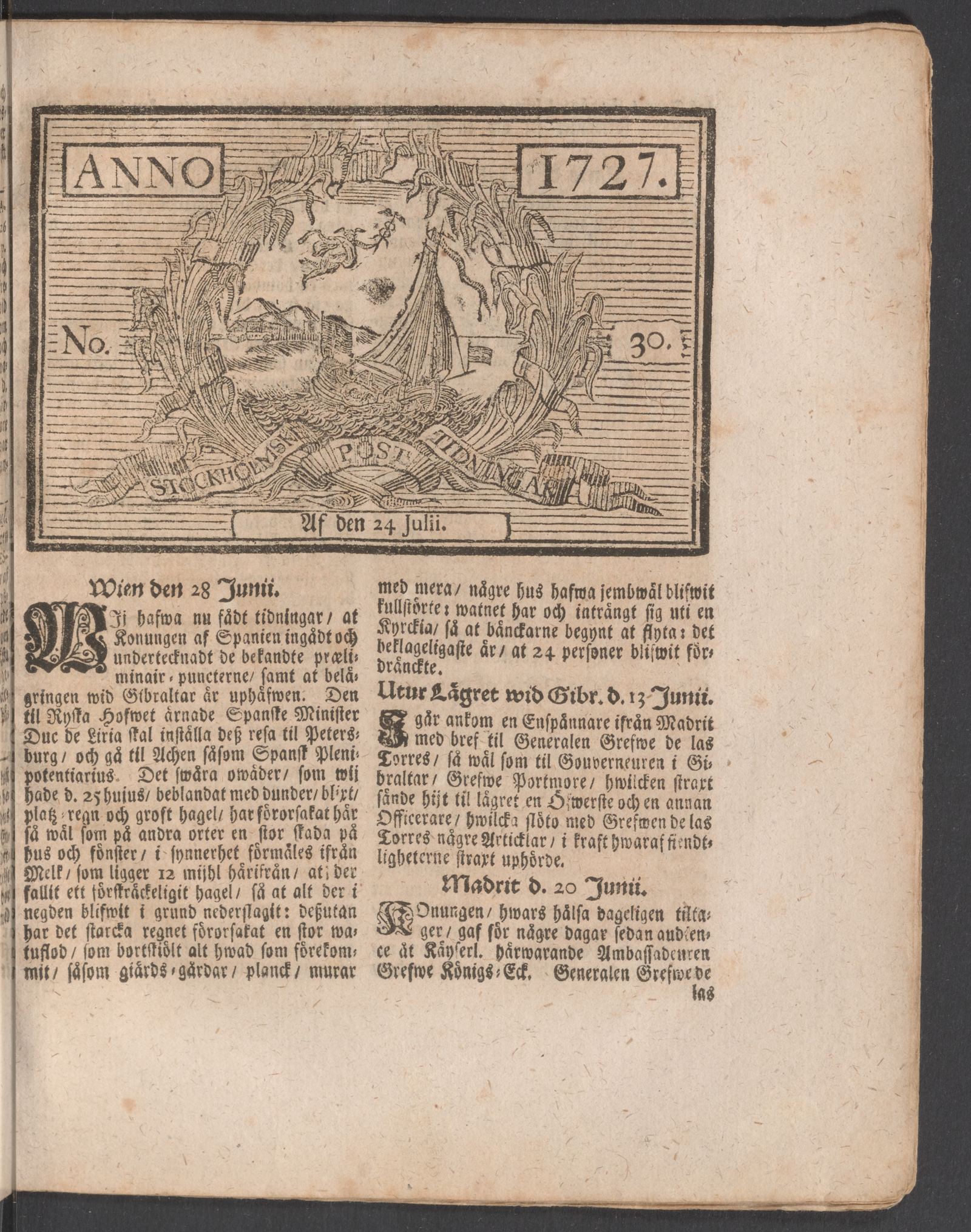Tidningssida ur POSTTIDNINGAR, 1727-07-24