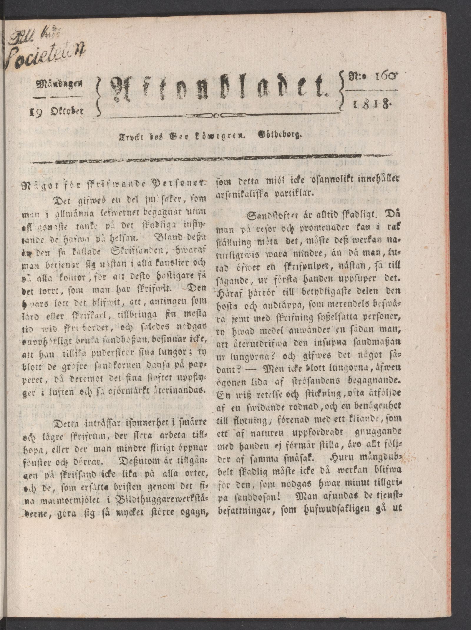 Tidningssida ur AFTONBLADET, 1818-10-19