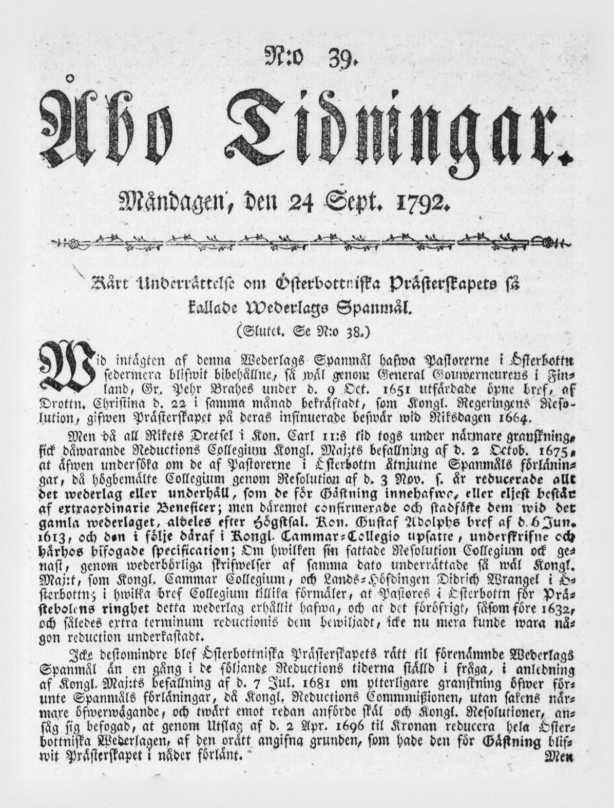 Tidningssida ur ÅBO TIDNINGAR, 1792-09-24