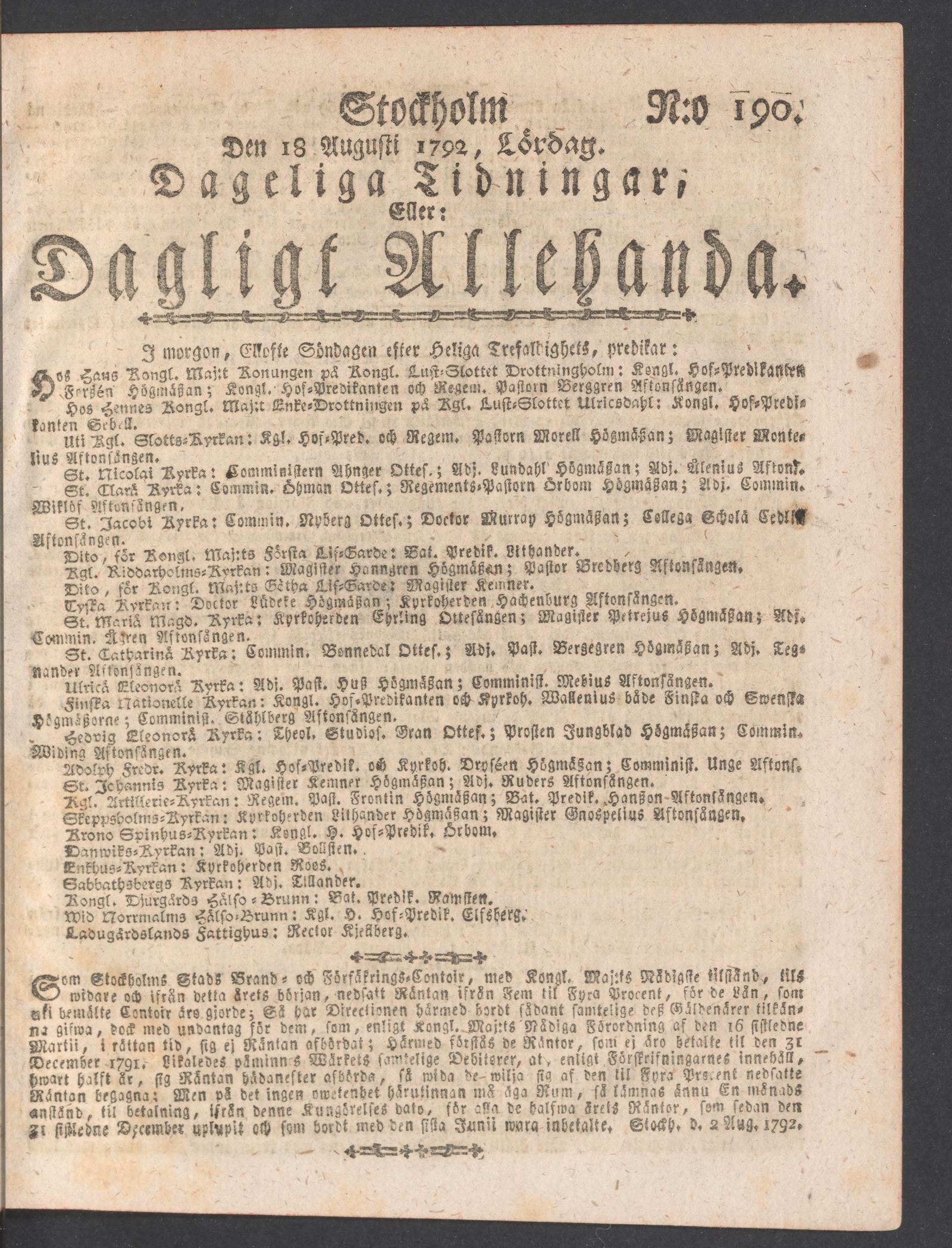 Tidningssida ur DAGLIGT ALLEHANDA, 1792-08-18