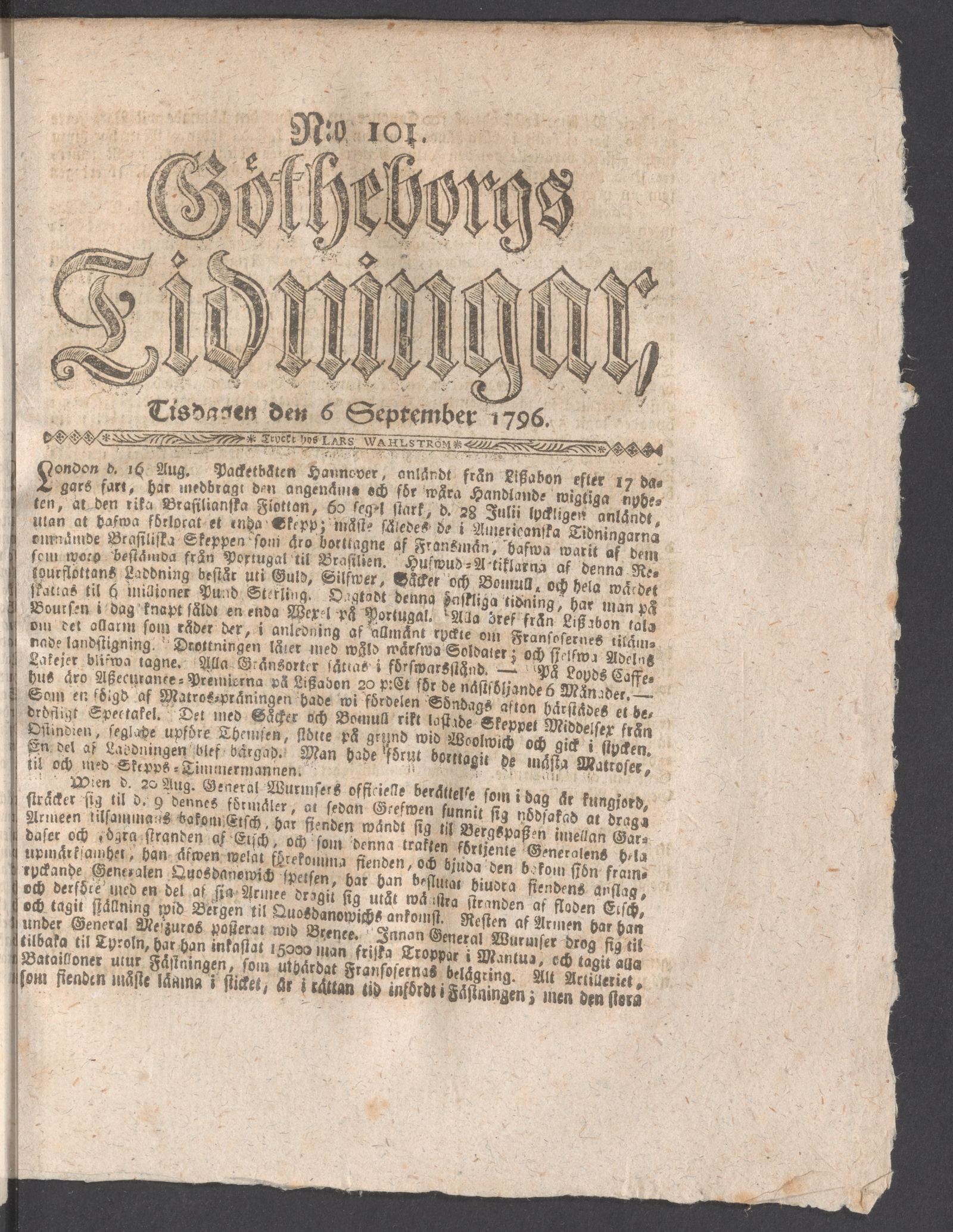 Tidningssida ur GÖTHEBORGS TIDNINGAR, 1796-09-06