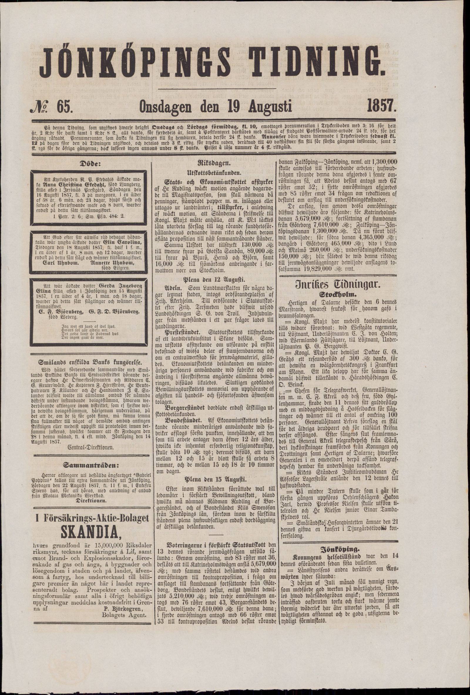 Tidningssida ur JÖNKÖPINGS TIDNING, 1857-08-19