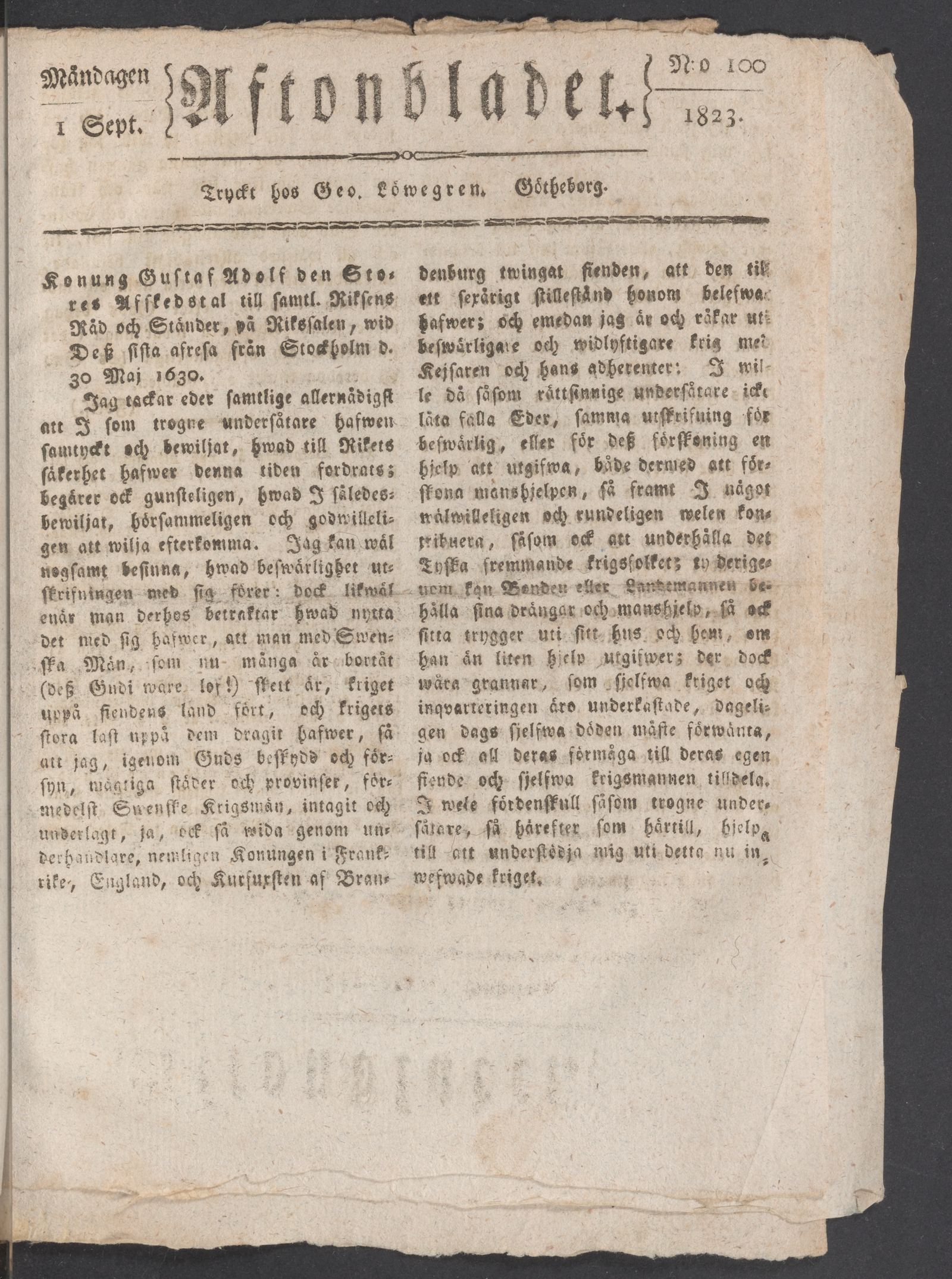 Tidningssida ur AFTONBLADET, 1823-09-01