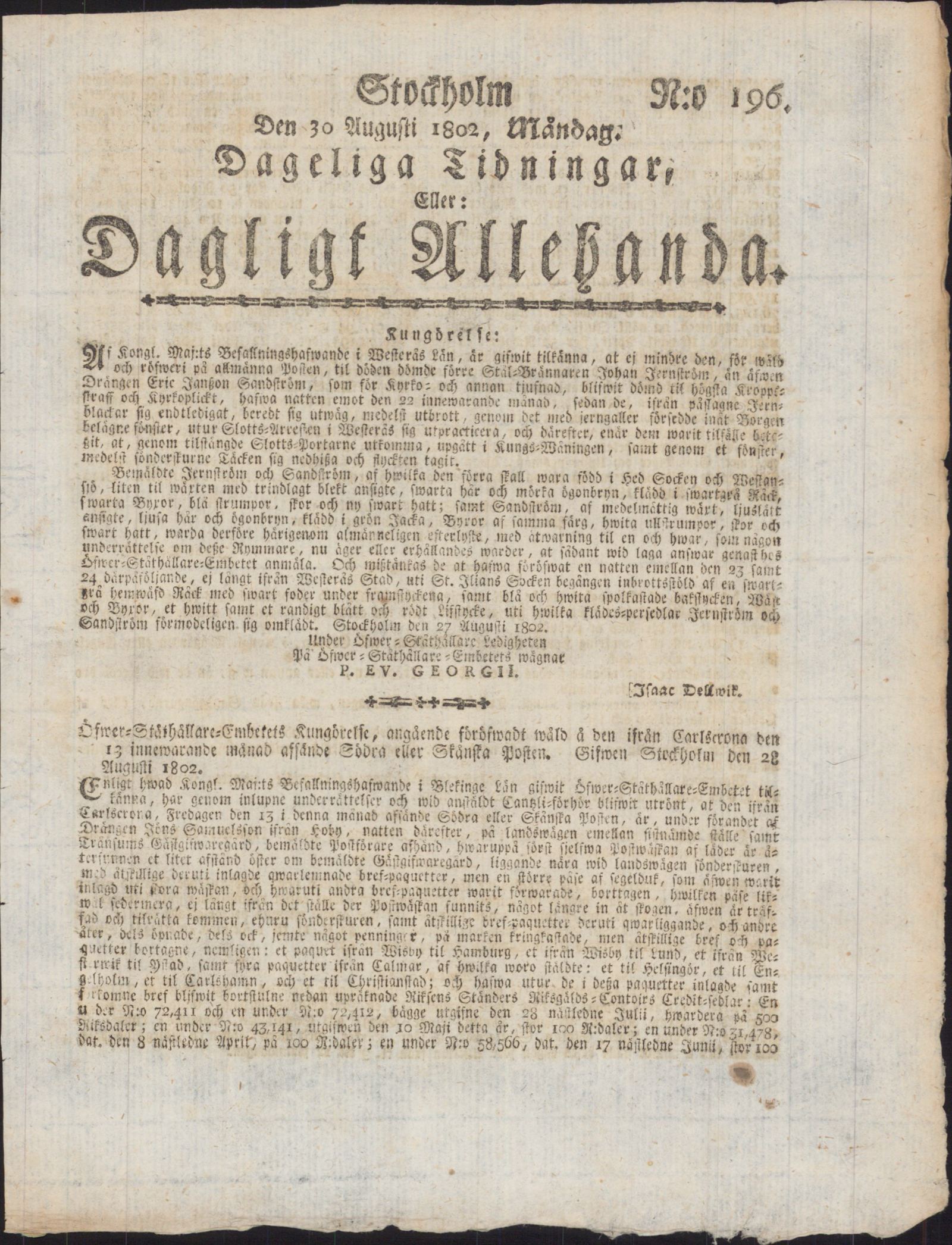 Tidningssida ur DAGLIGT ALLEHANDA, 1802-08-30