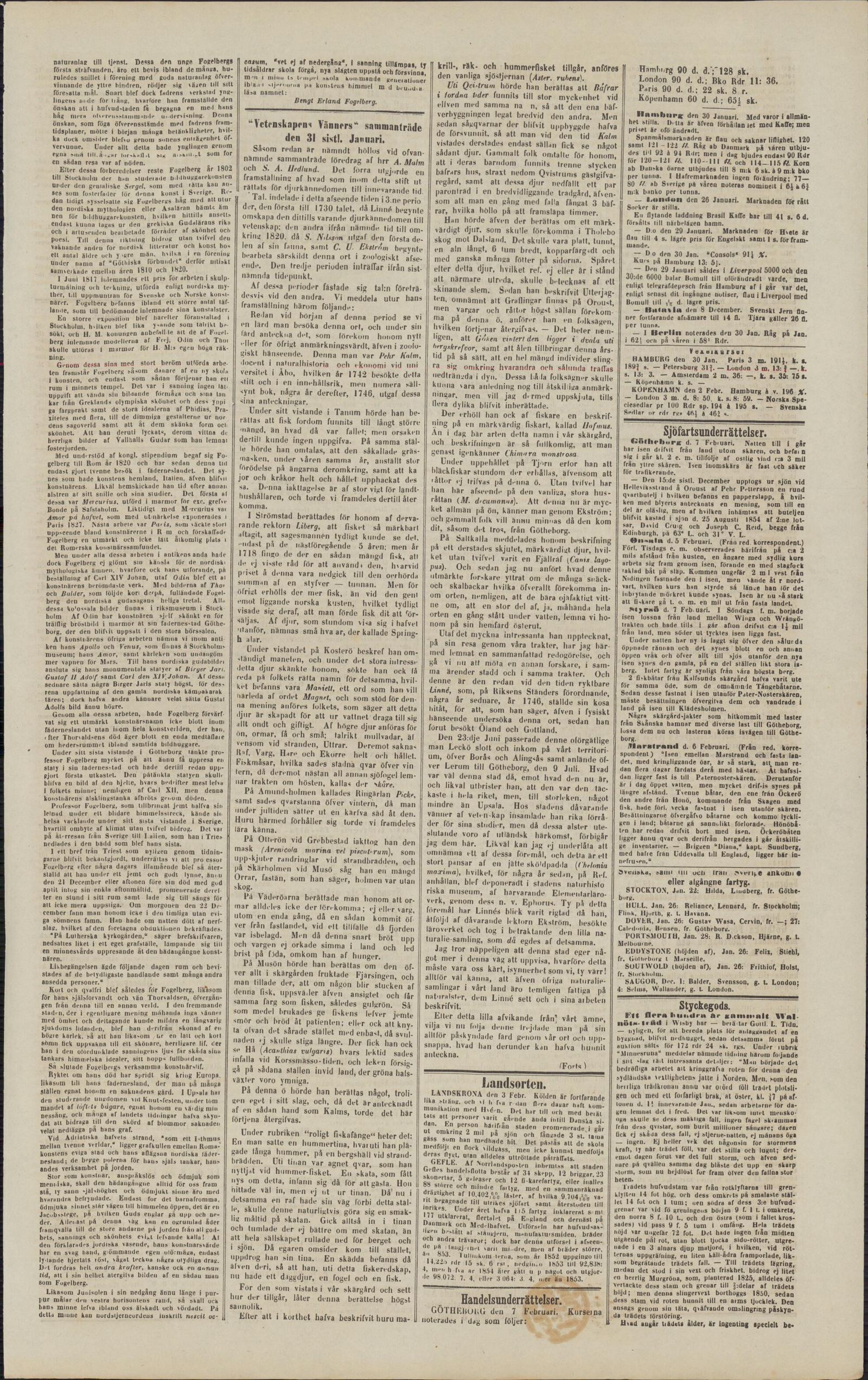 Tidningssida ur Göteborgs Handels- Och Sjöfartstidning, 1855-02-07