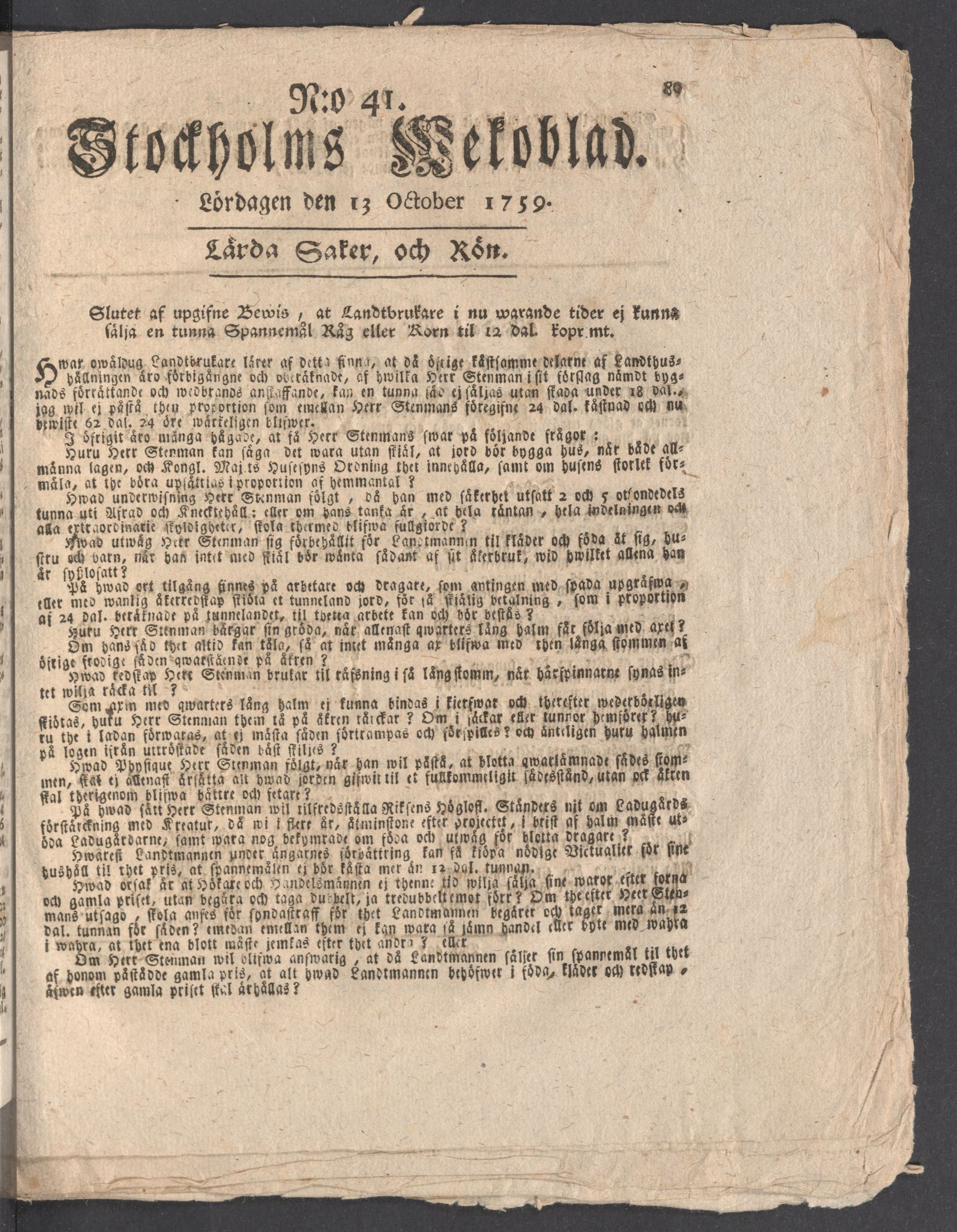 Tidningssida ur STOCKHOLMS WECKOBLAD, 1759-10-13