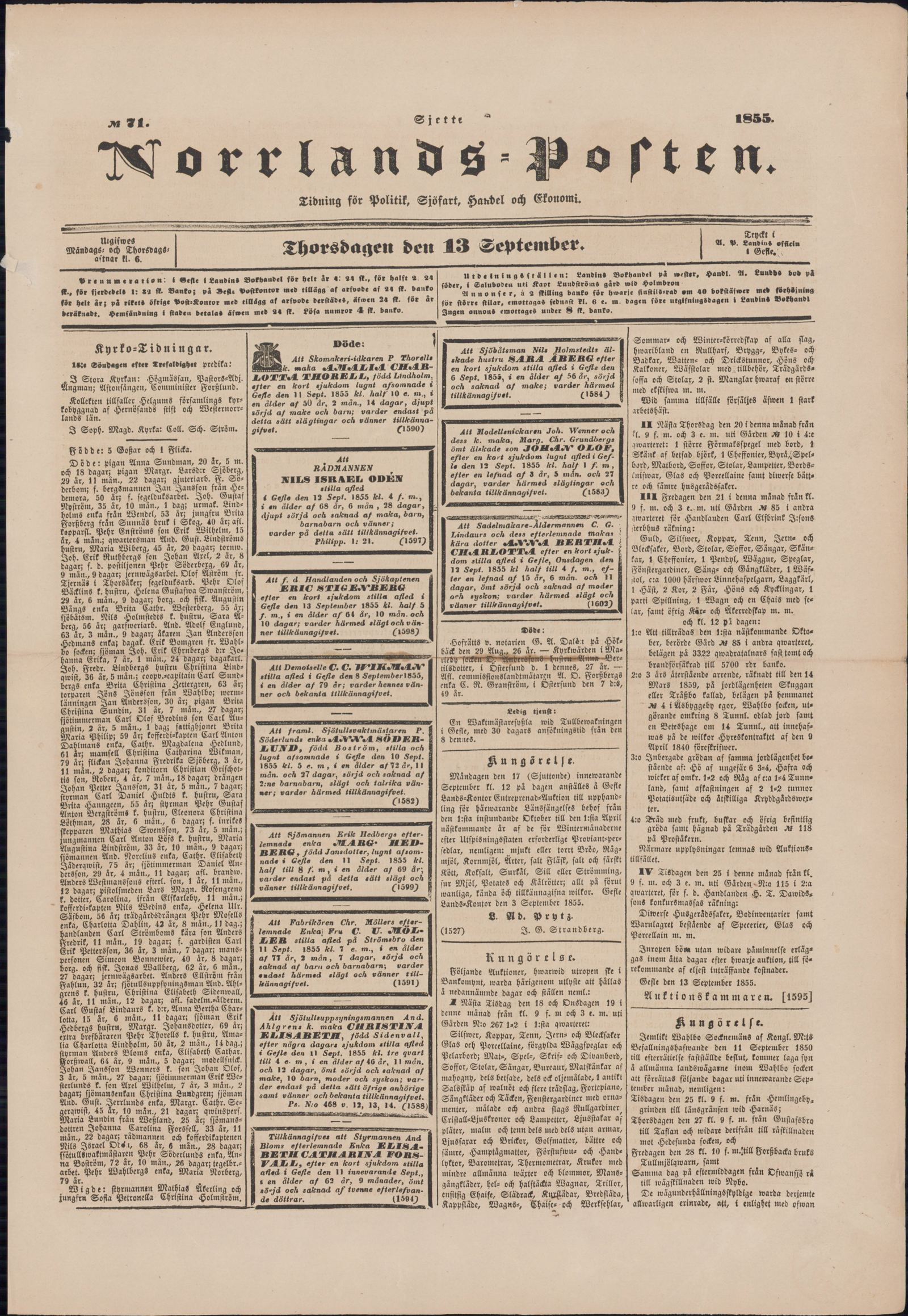 Tidningssida ur NORRLANDSPOSTEN, 1855-09-13