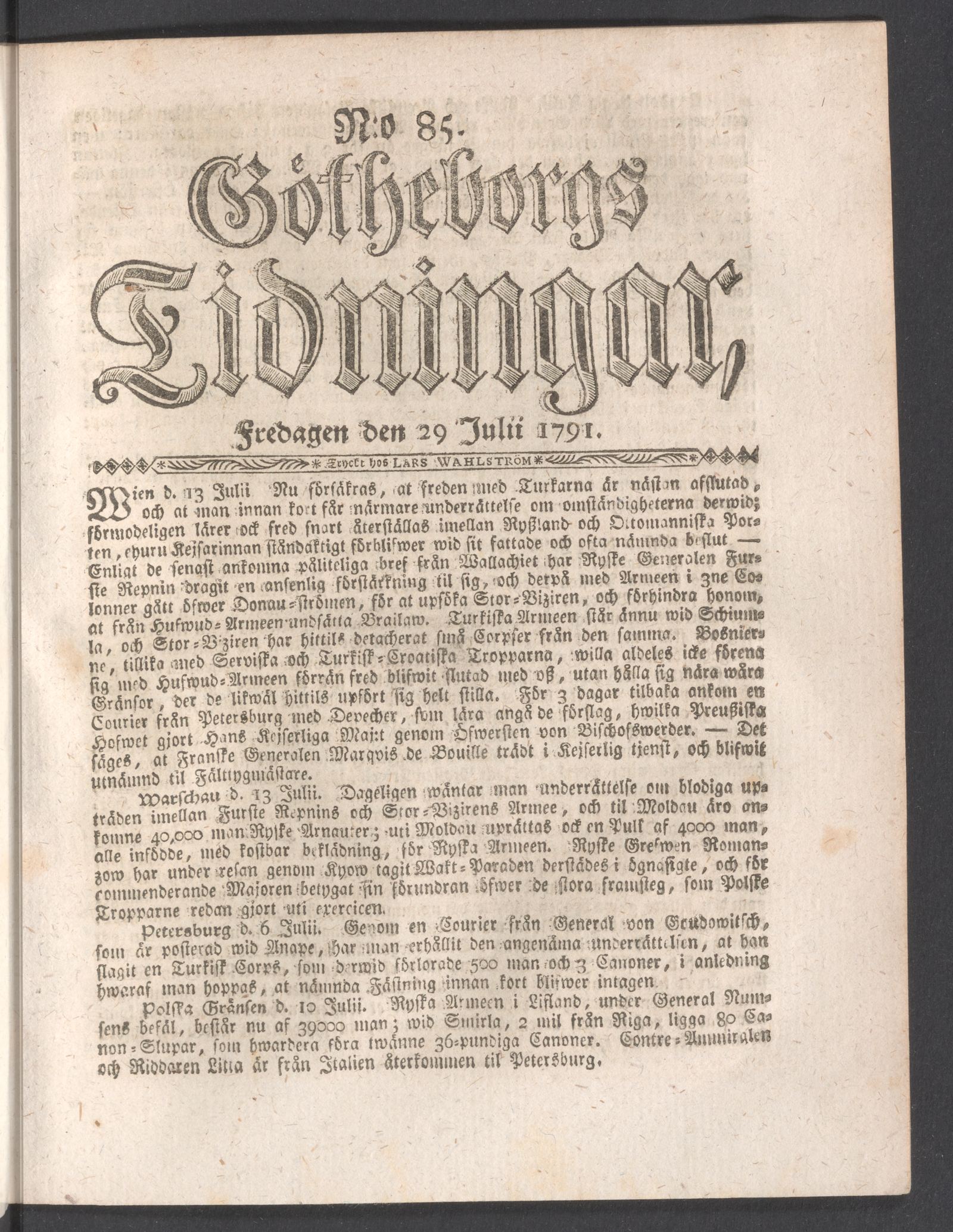 Tidningssida ur GÖTHEBORGS TIDNINGAR, 1791-07-29