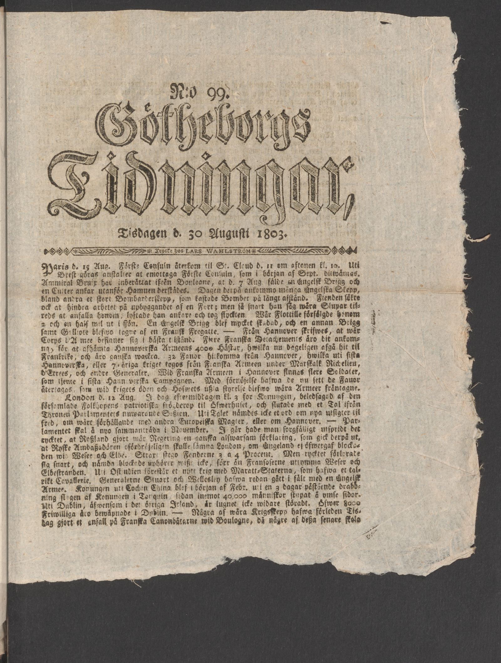 Tidningssida ur GÖTHEBORGS TIDNINGAR, 1803-08-30