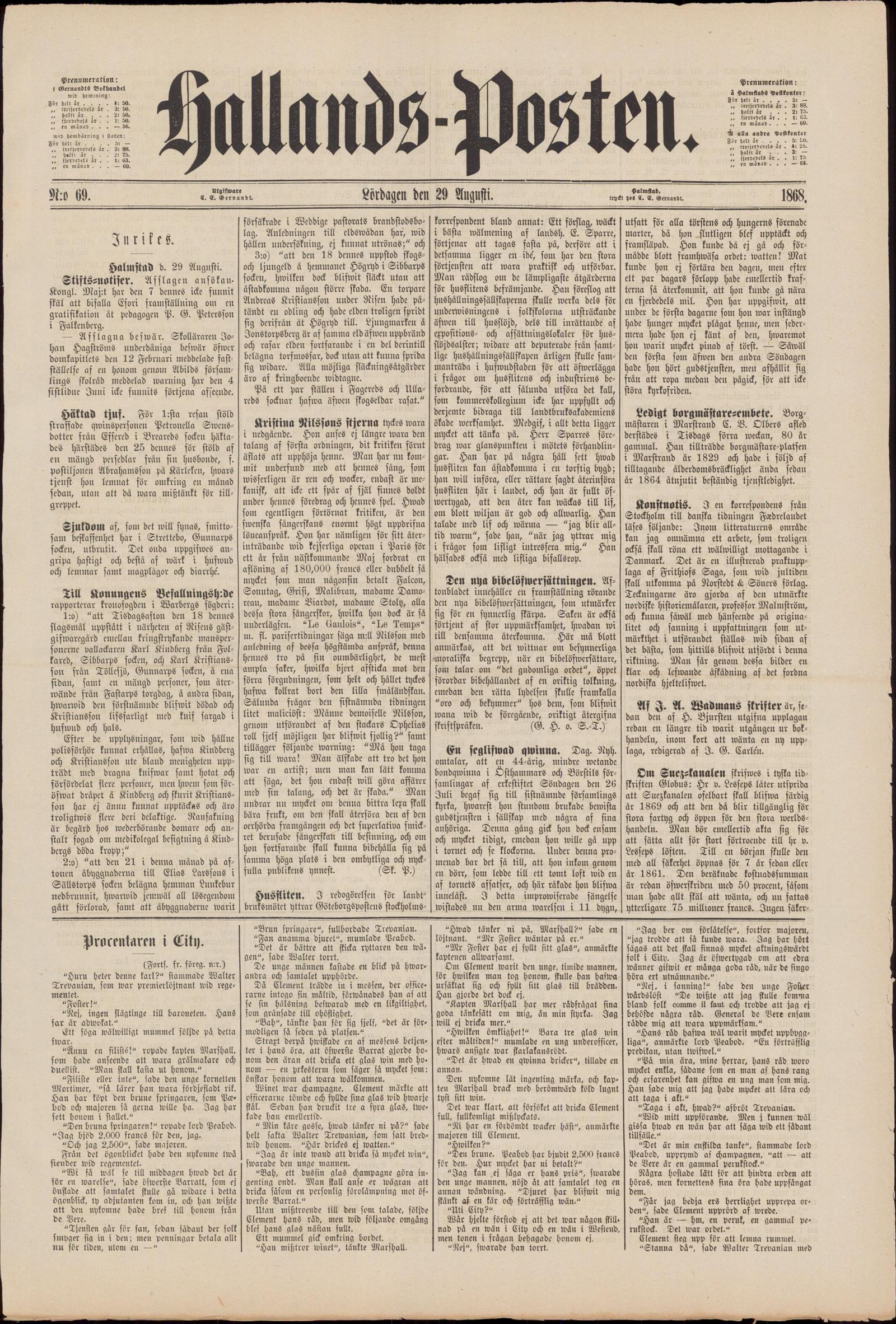 Tidningssida ur Hallandsposten, 1868-08-29