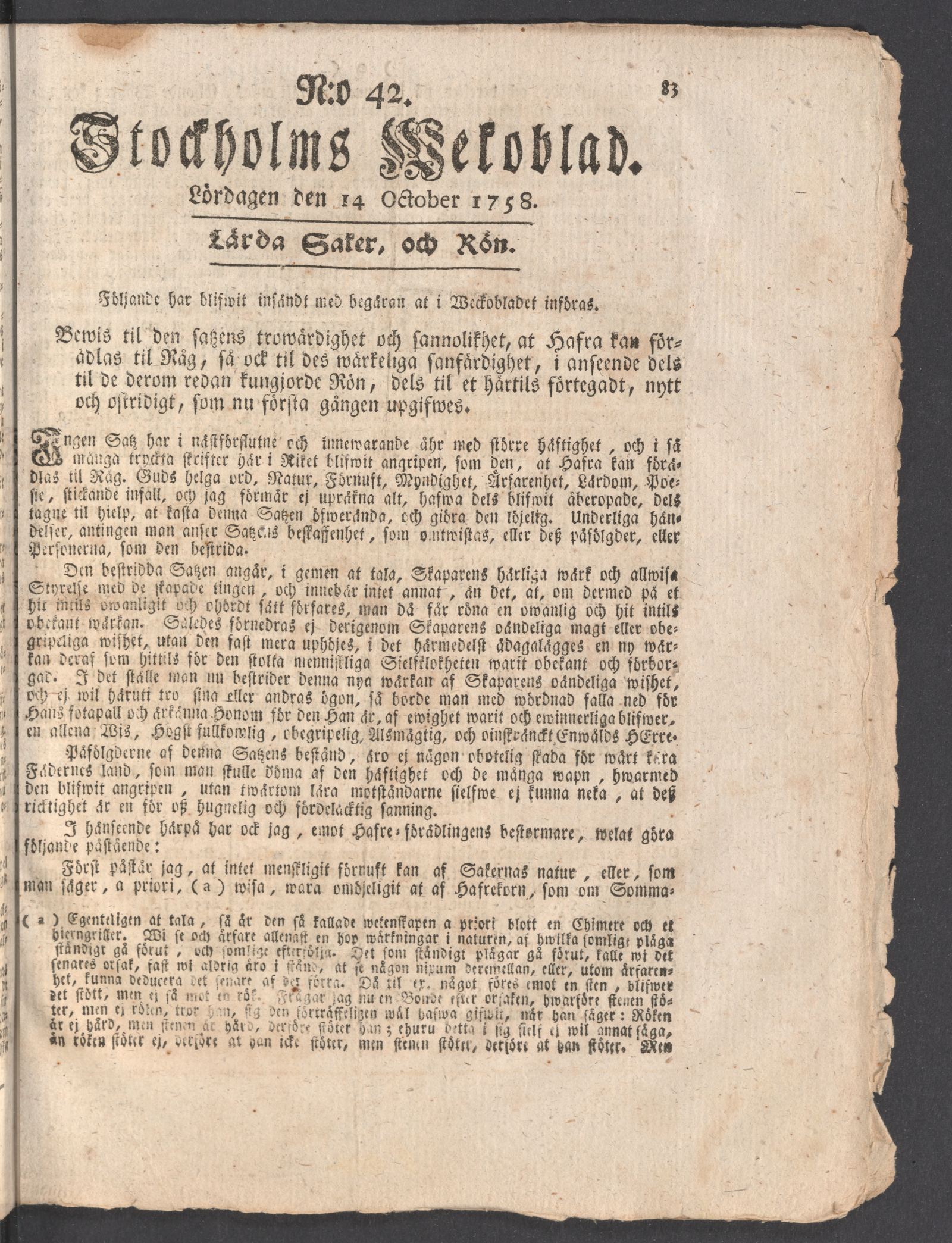 Tidningssida ur STOCKHOLMS WECKOBLAD, 1758-10-14