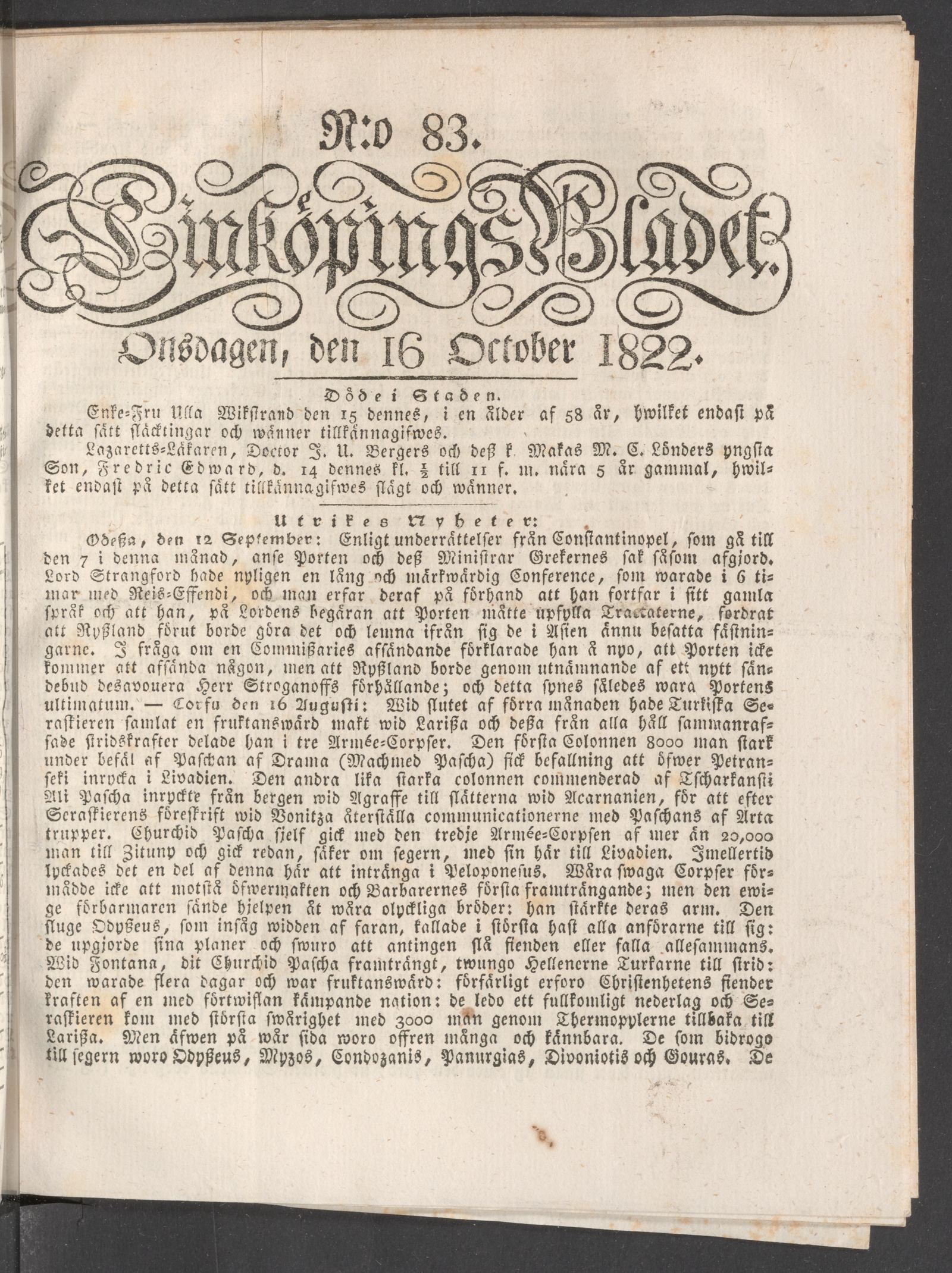 Tidningssida ur LINKÖPINGSBLADET, 1822-10-16