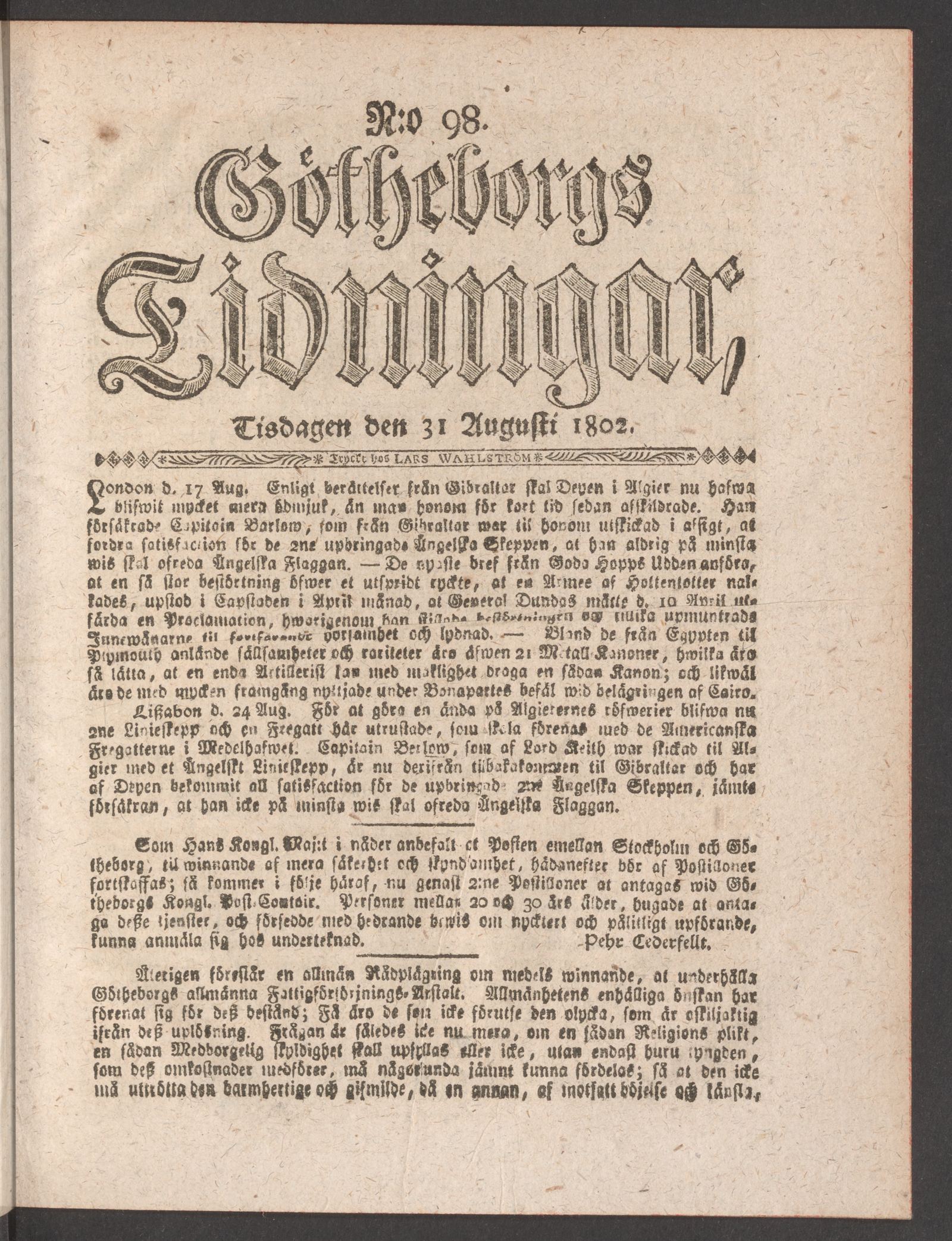 Tidningssida ur GÖTHEBORGS TIDNINGAR, 1802-08-31