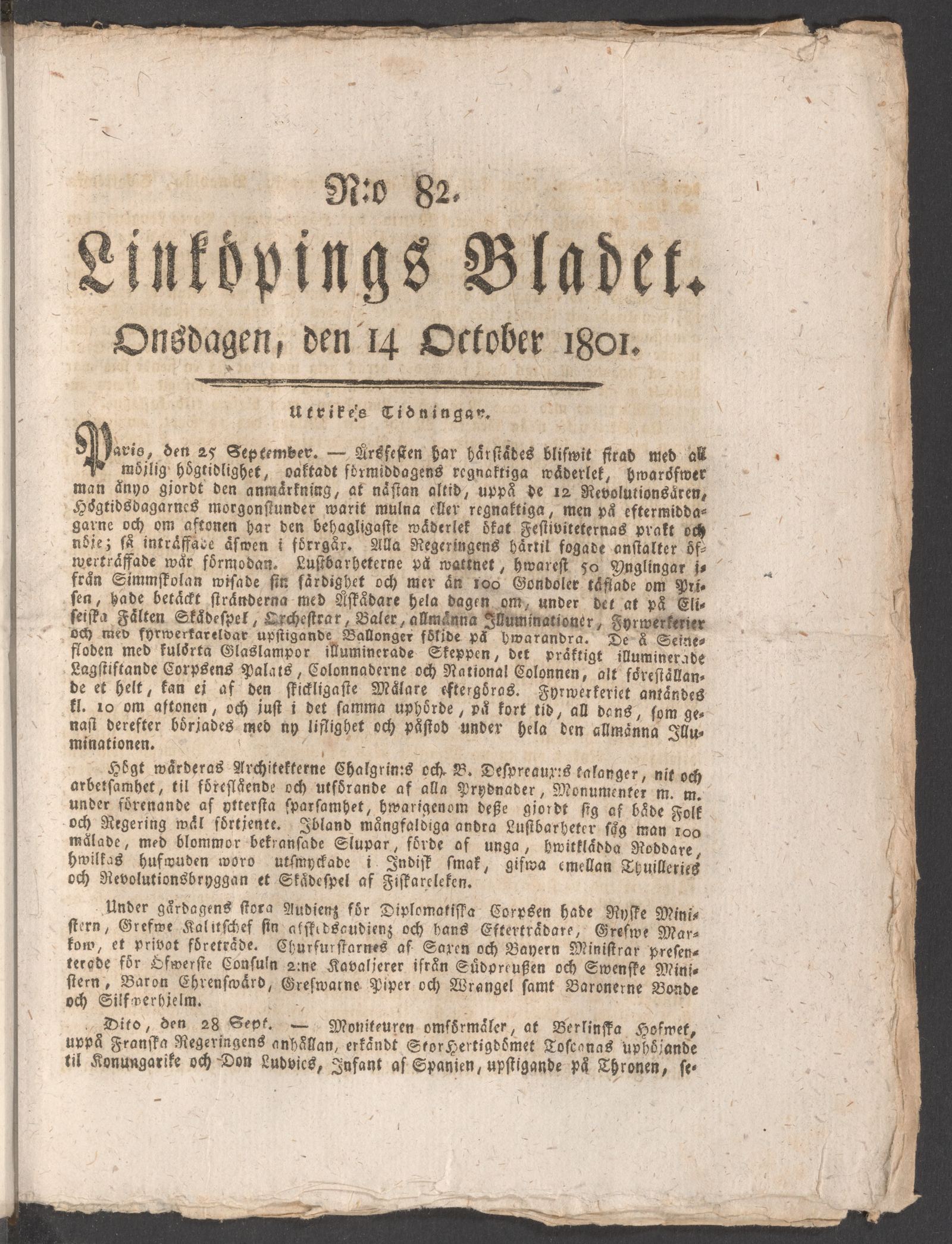 Tidningssida ur LINKÖPINGSBLADET, 1801-10-14