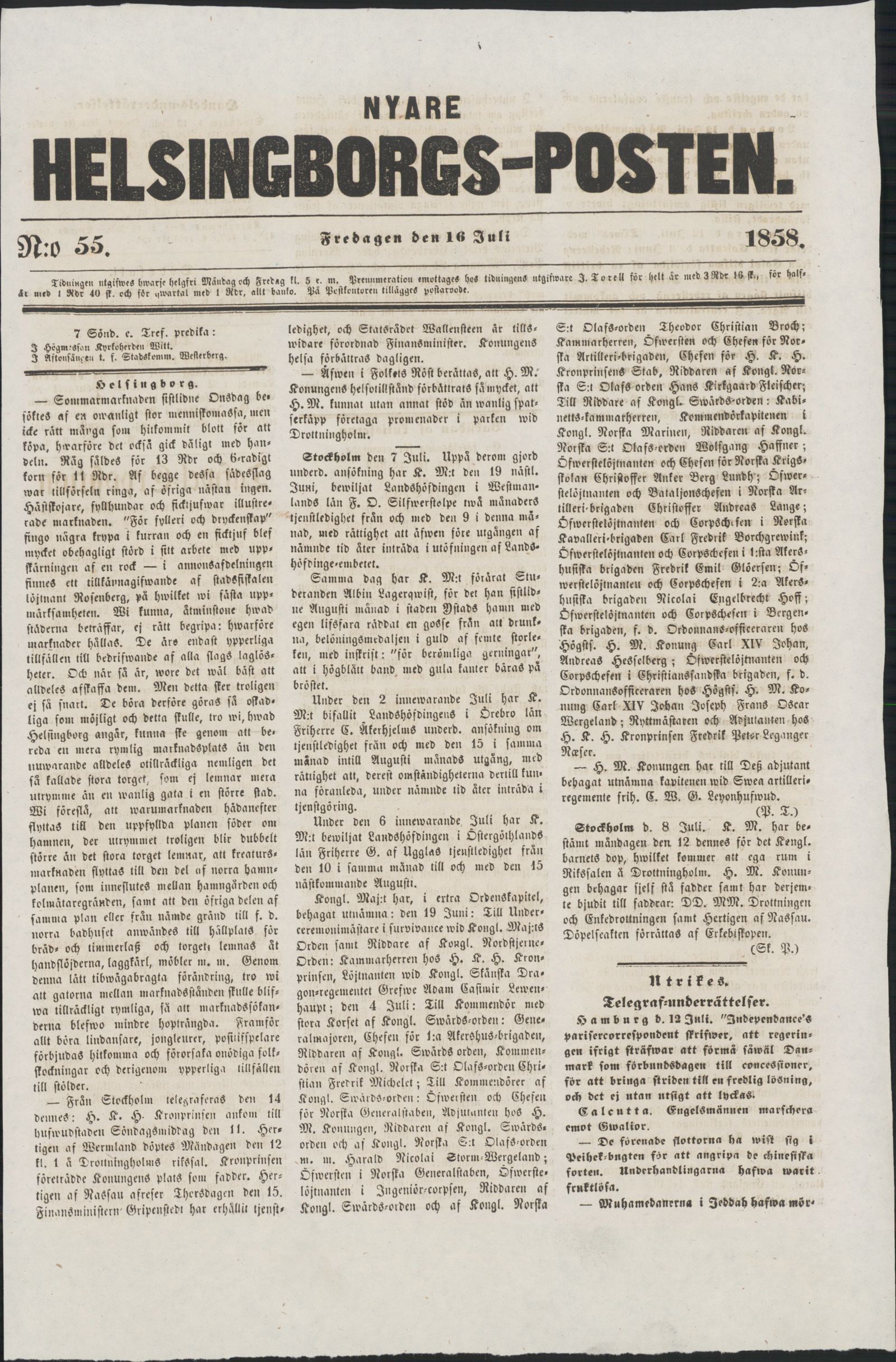 Tidningssida ur HELSINGBORGSPOSTEN, 1858-07-16