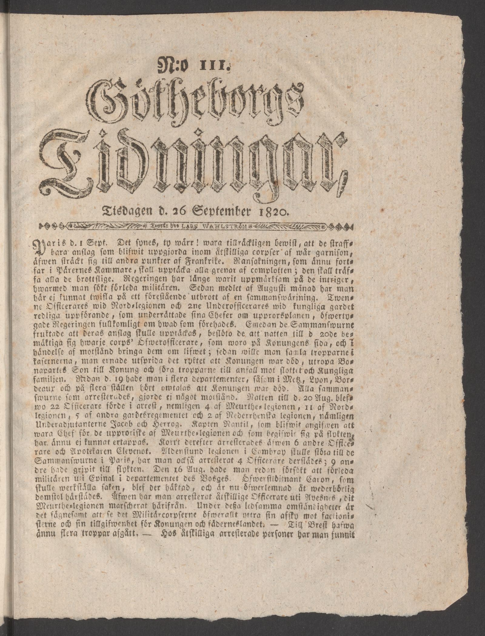 Tidningssida ur GÖTHEBORGS TIDNINGAR, 1820-09-26