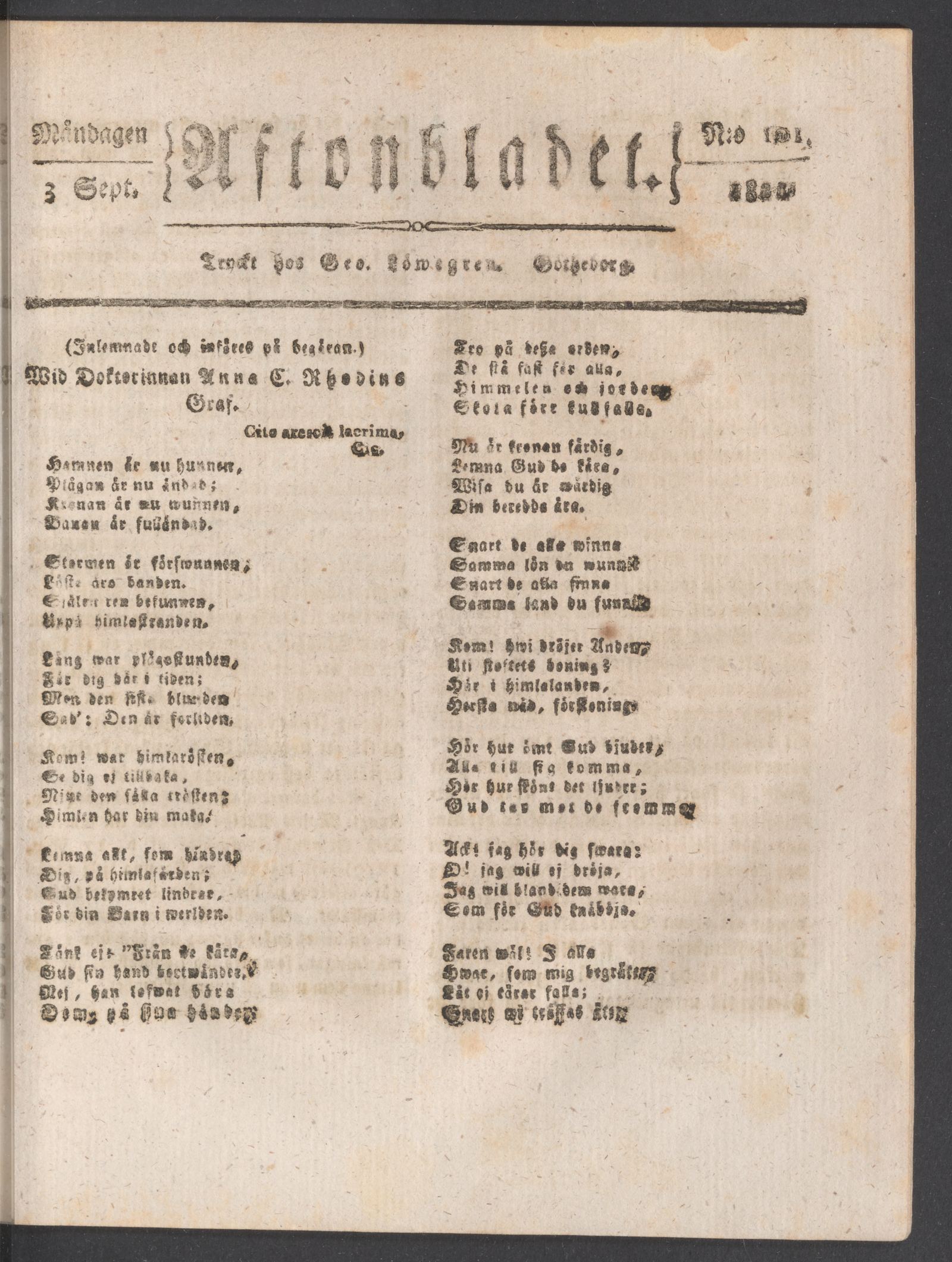Tidningssida ur AFTONBLADET, 1821-09-03