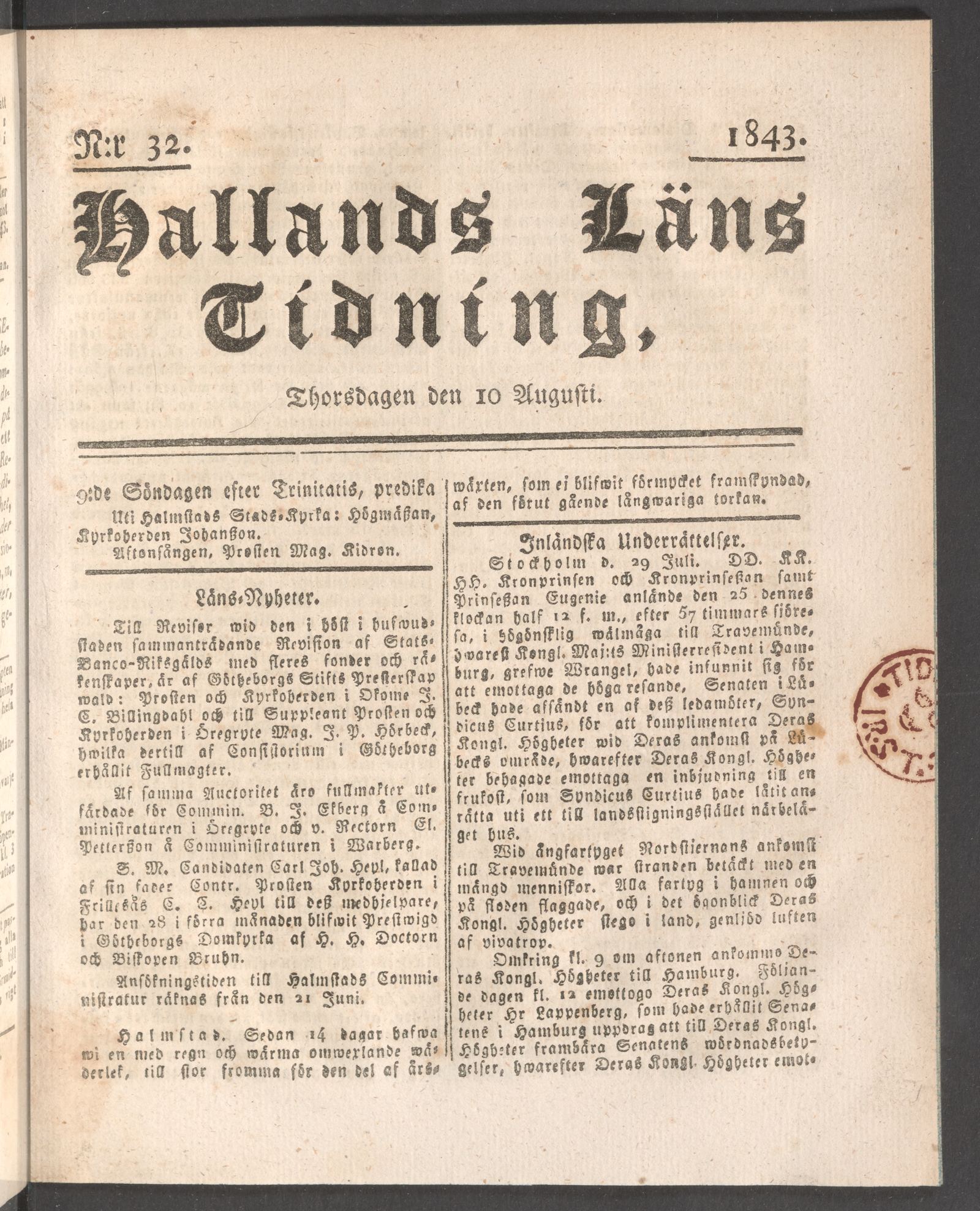 Tidningssida ur HALLANDS LÄNS TIDNING, 1843-08-10