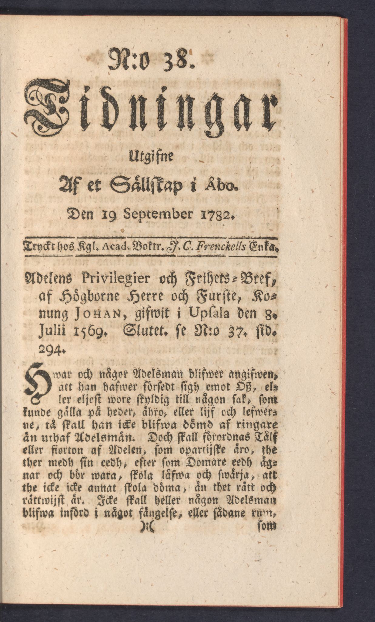 Tidningssida ur TIDNINGAR UTGIFNE AF ET SÄLLSKAP I ÅBO, 1782-09-19