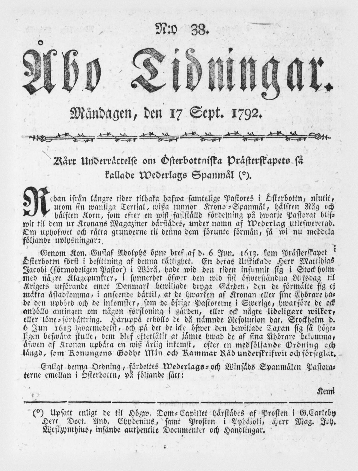 Tidningssida ur ÅBO TIDNINGAR, 1792-09-17