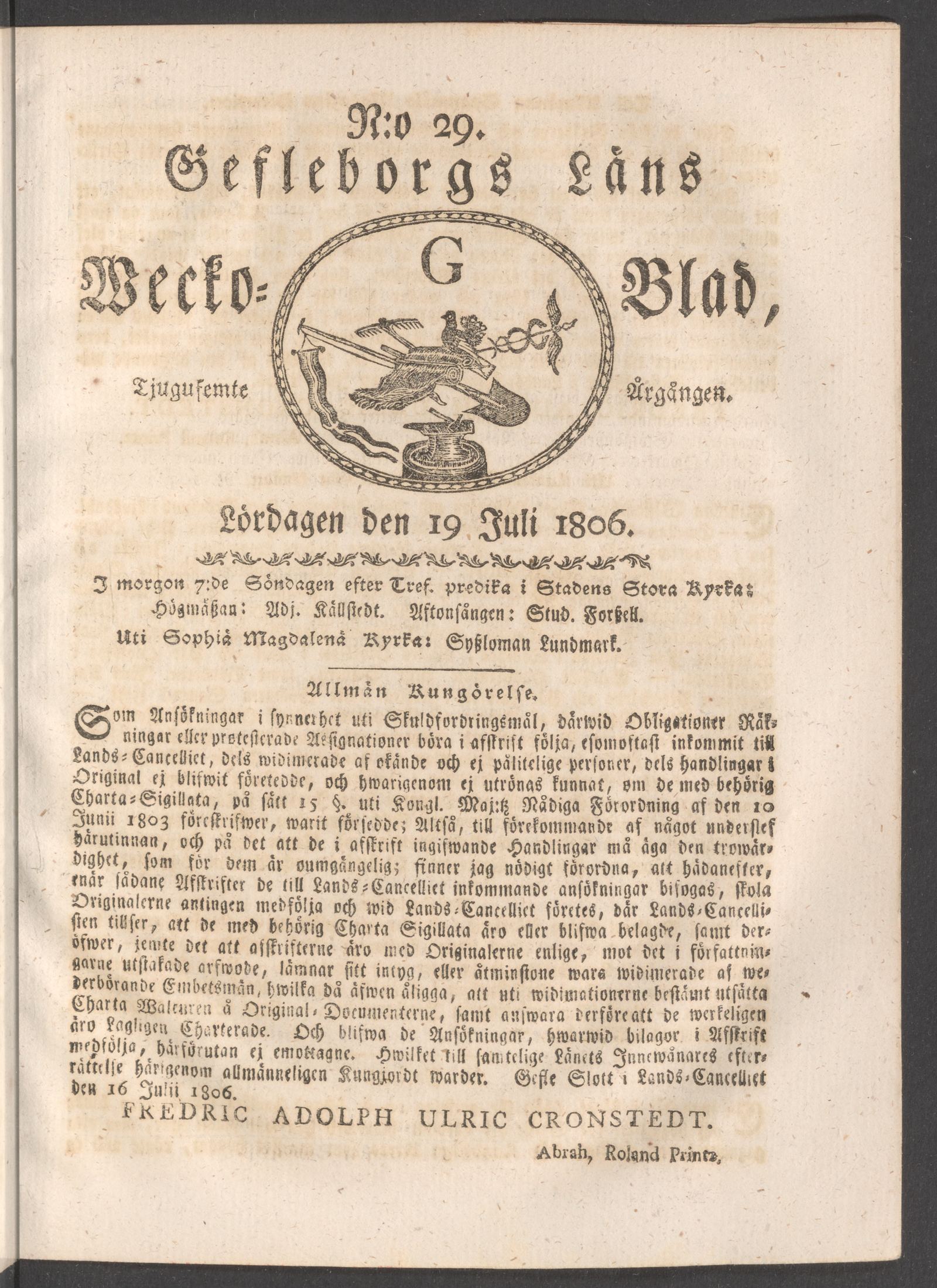 Tidningssida ur WECKOBLAD FÖR GEFLEBORGS LÄN, 1806-07-19