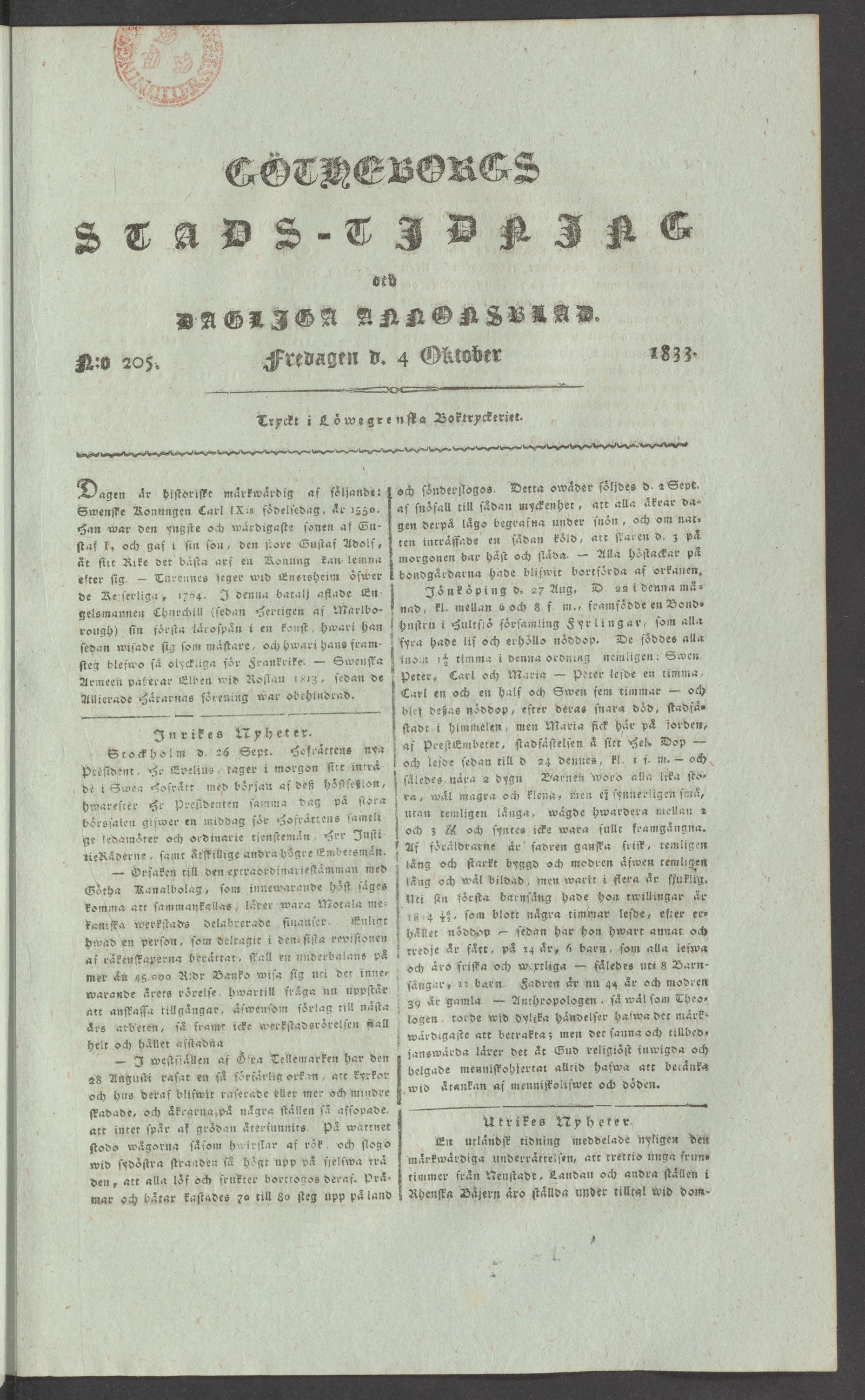 Tidningssida ur GÖTHEBORGS STADSTIDNING OCH DAGLIGA ANNONSBLAD, 1833-10-04