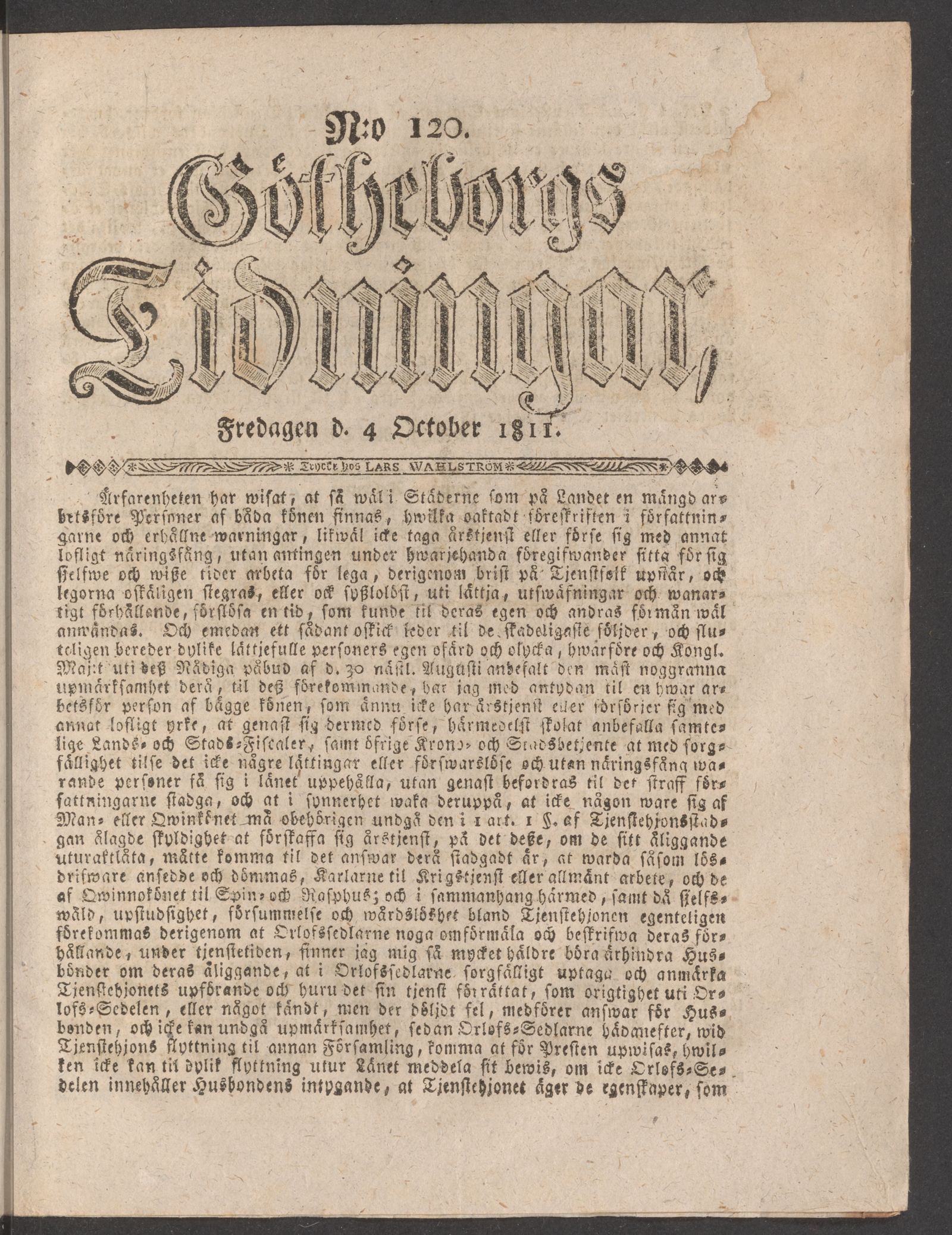 Tidningssida ur GÖTHEBORGS TIDNINGAR, 1811-10-04