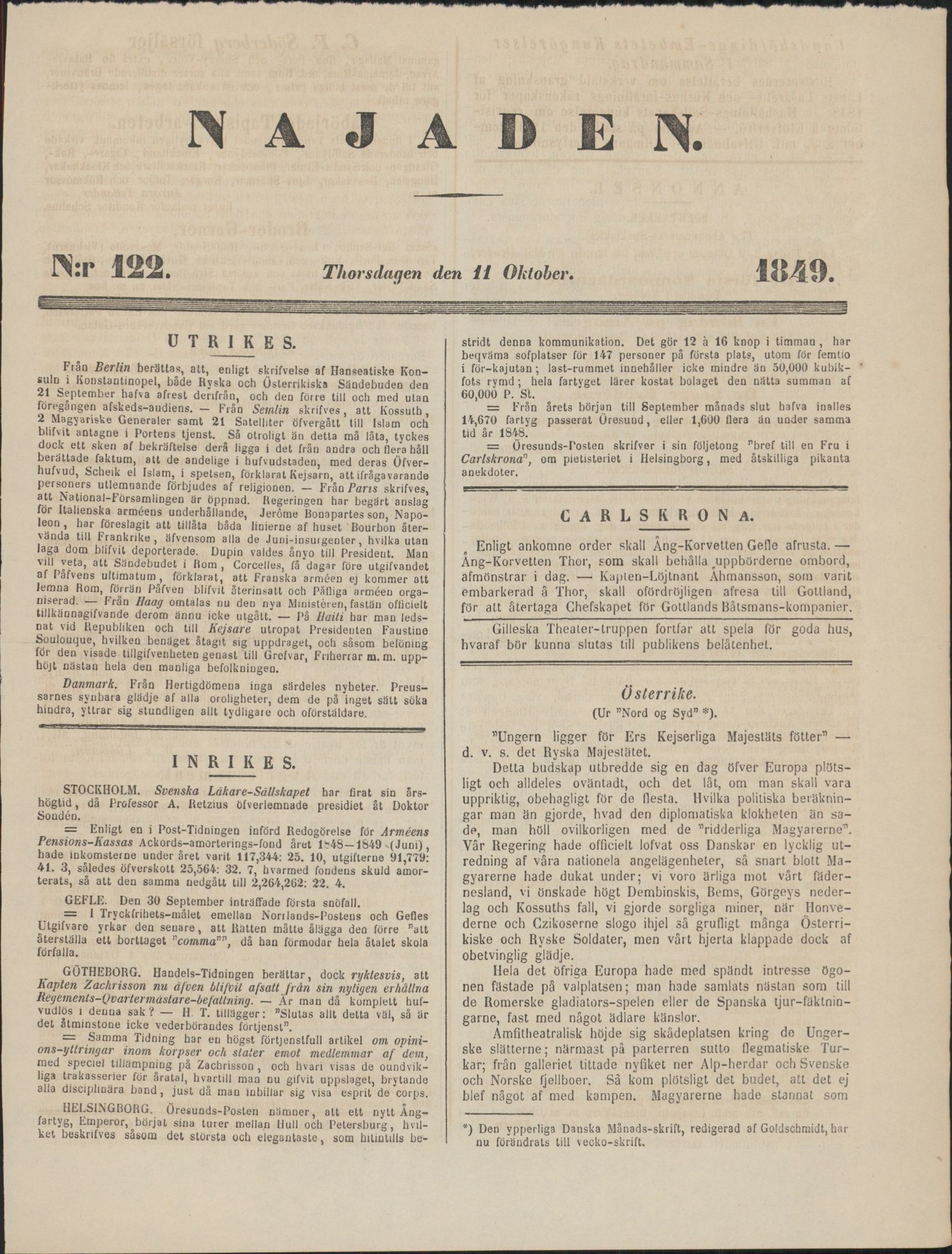 Tidningssida ur NAJADEN, 1849-10-11