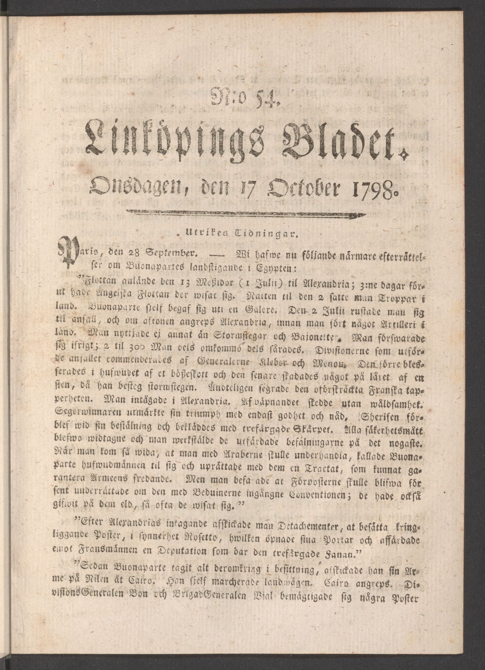 Tidningssida ur LINKÖPINGSBLADET, 1798-10-17