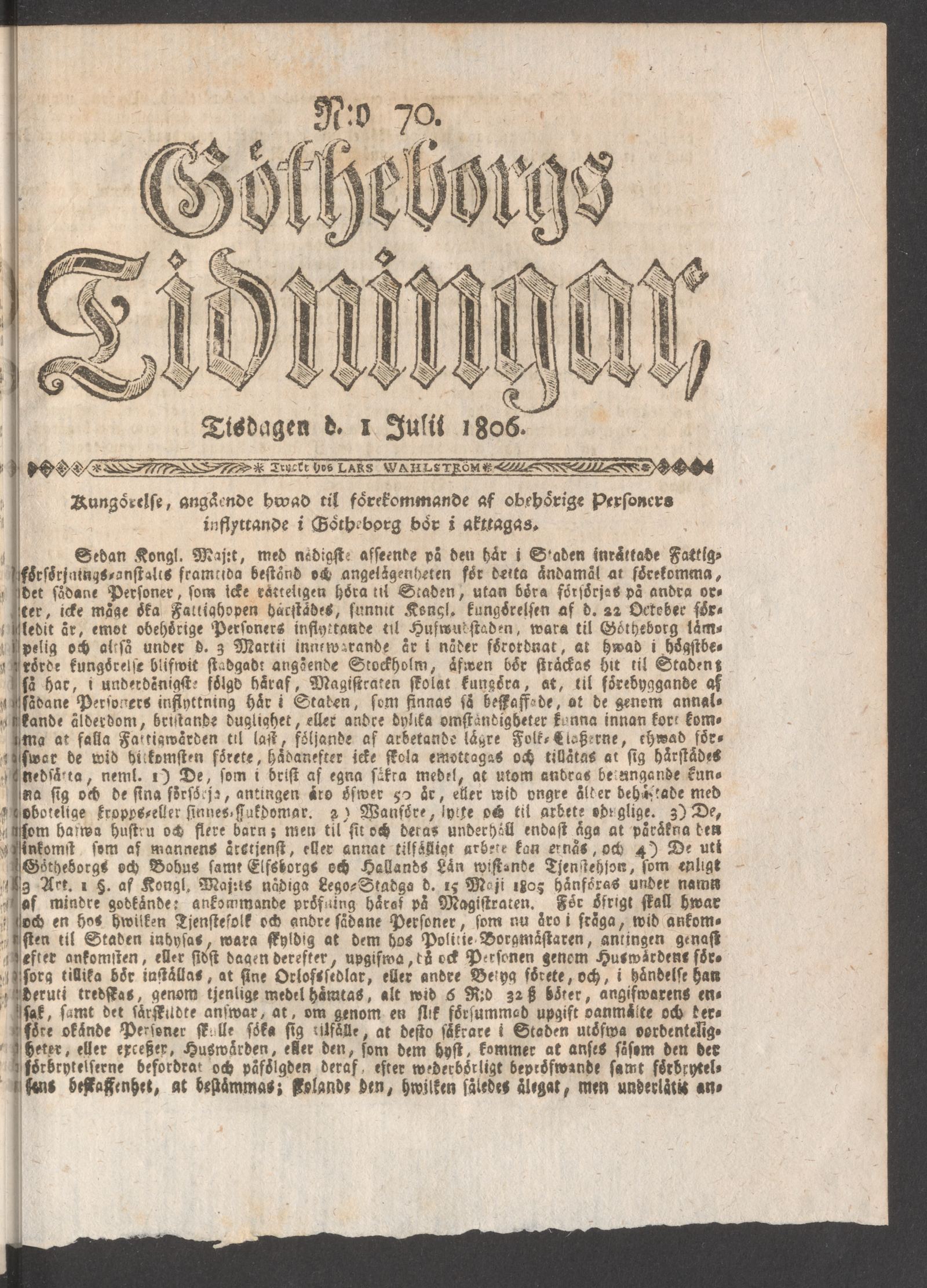 Tidningssida ur GÖTHEBORGS TIDNINGAR, 1806-07-01