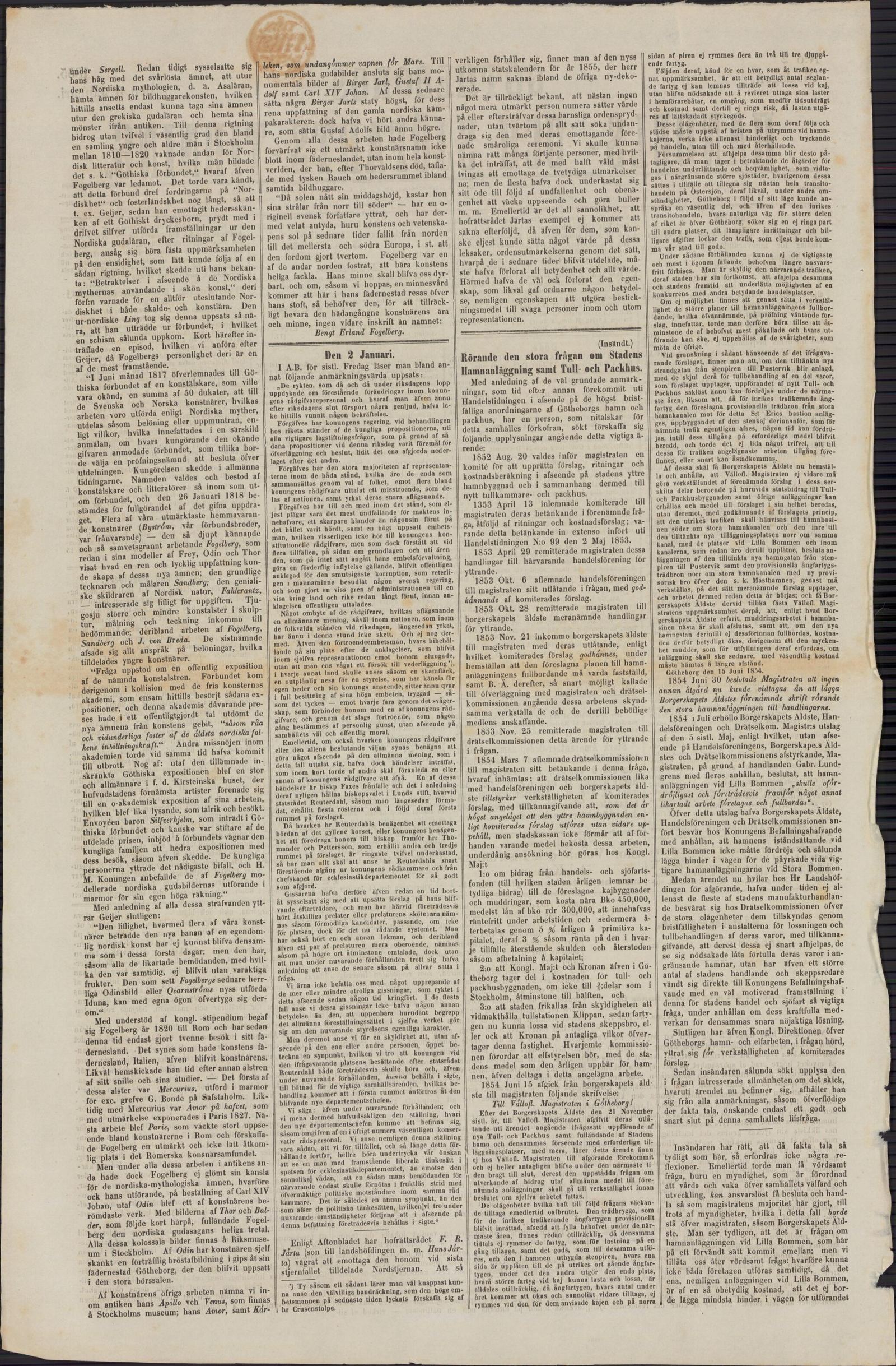 Tidningssida ur Göteborgs Handels- Och Sjöfartstidning, 1855-01-03